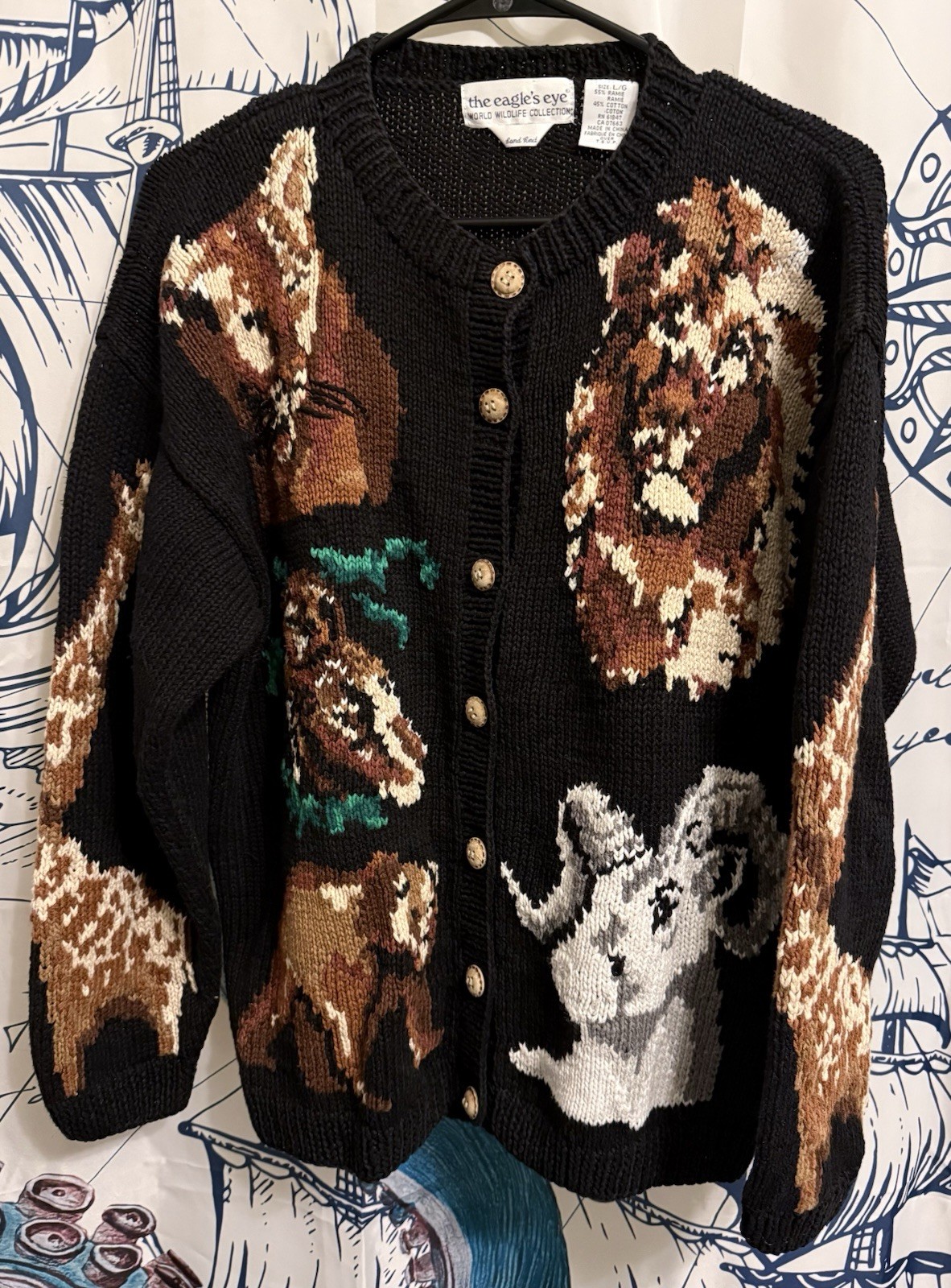 Vtg The Eagle’s Eye “World Wildlife Collection” hand-knit cardigan sweater Large