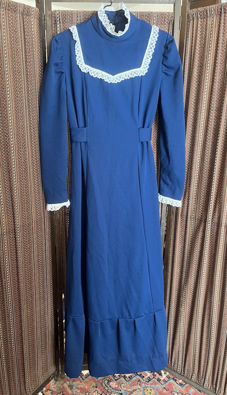 Vintage 1970’s Dark Blue Prairie Cottage Core Victorian Lace Accent Maxi Dress