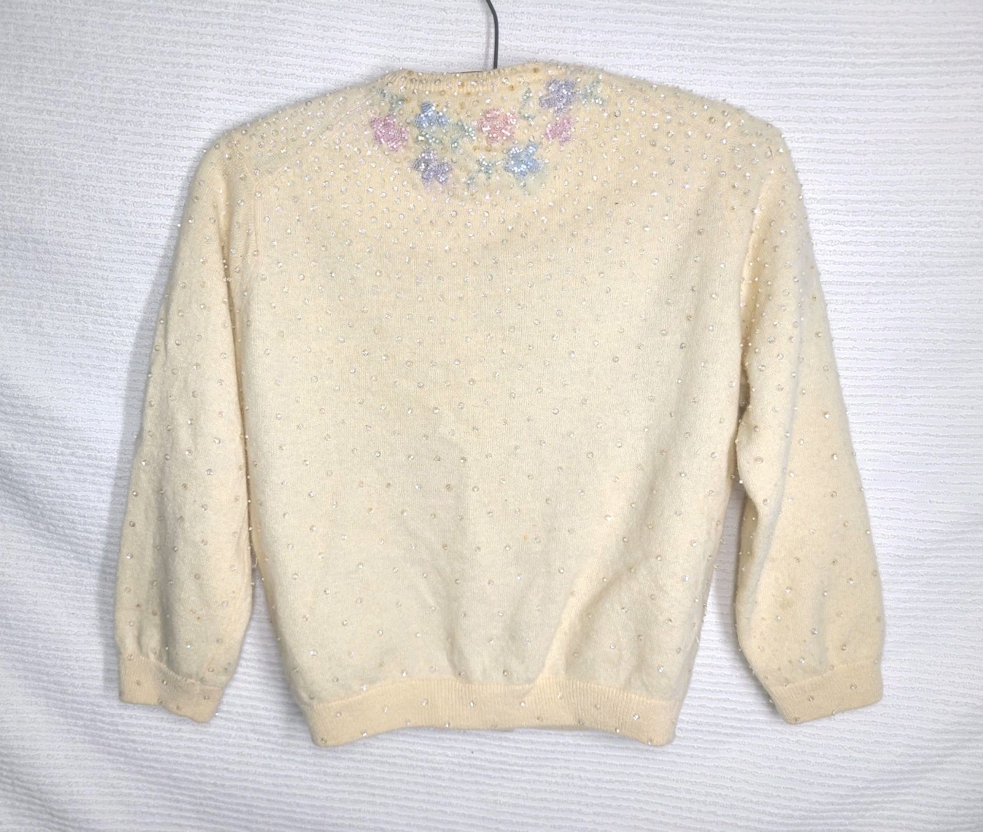 1950s Beaded Cashmere Cardigan Silk Lined Cut Glass Alfred Wong Small Vintage