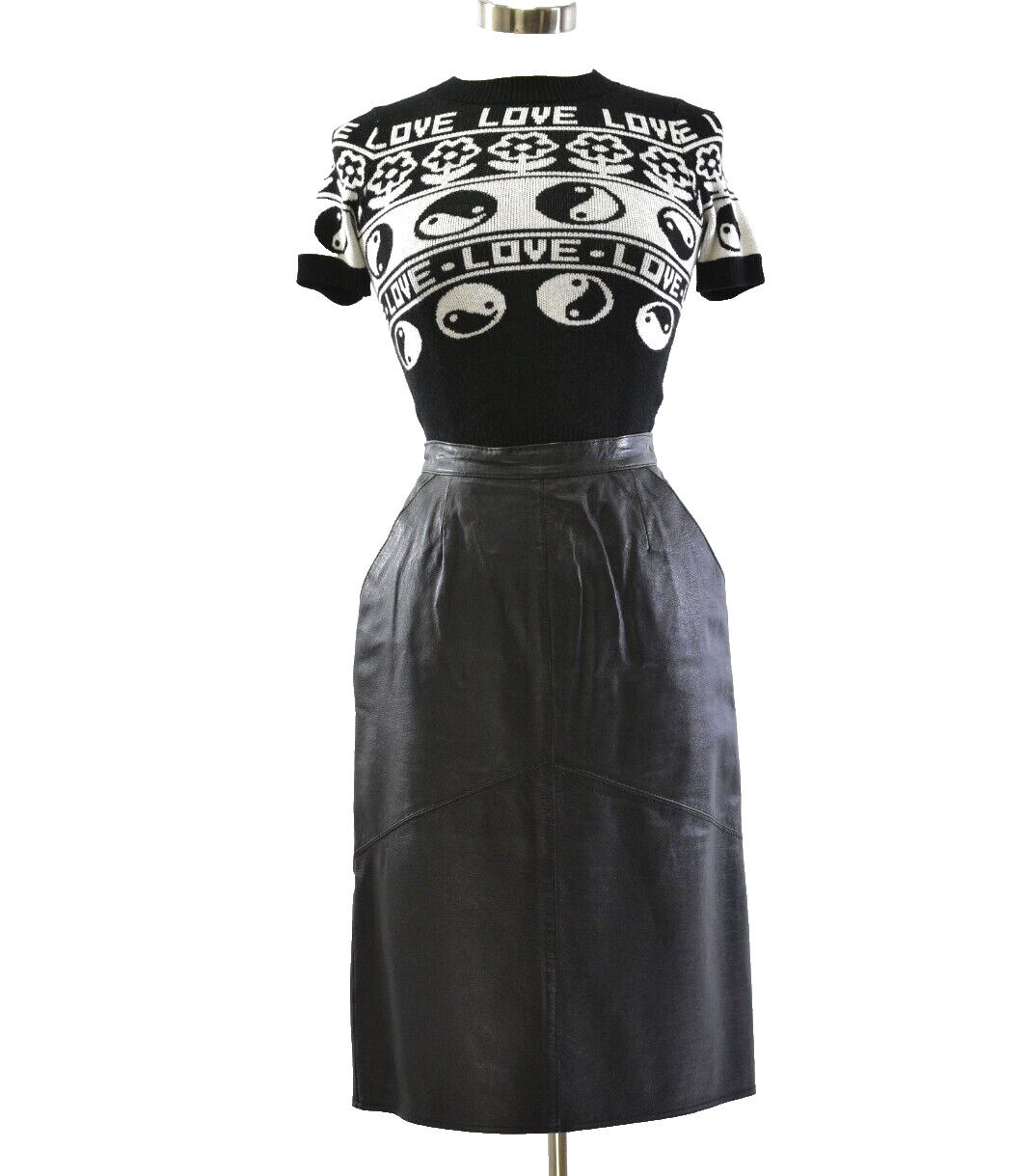 90s Vintage Black Leather Straight Skirt Womens 4 Canda