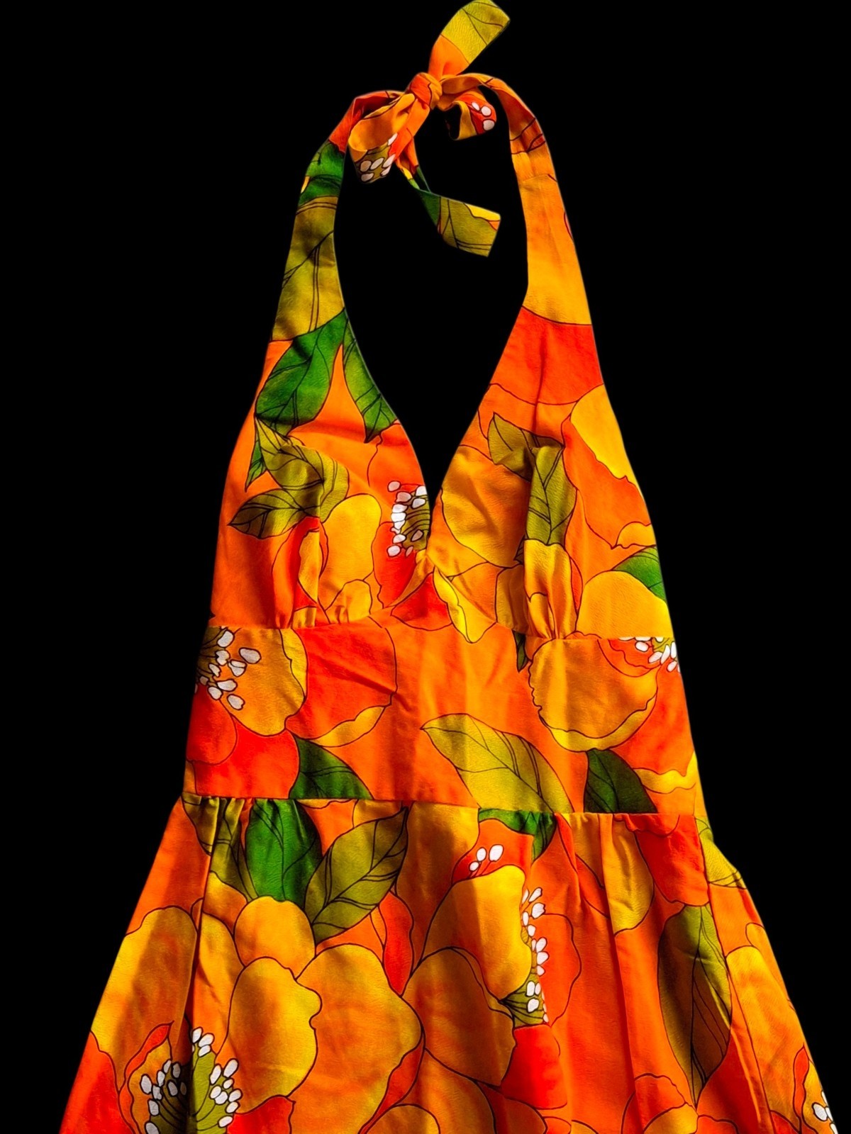 Vintage 1970s Sun Fashions of Hawaii Orange Tropical Floral Halter Maxi Dress |