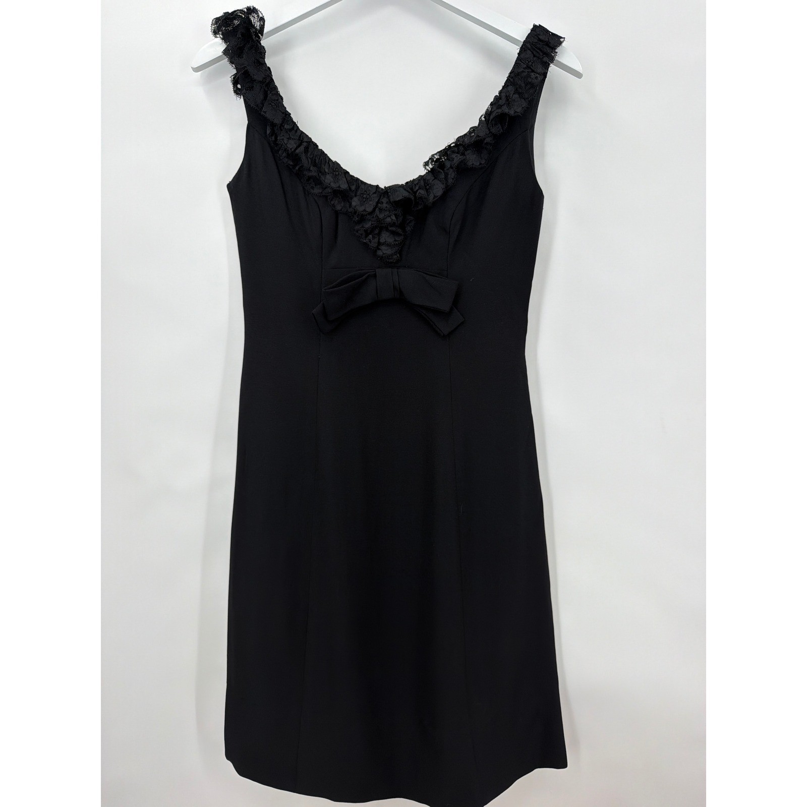 Vintage 60s Black Lace Trim Bow Shift Dress Cocktail Mid Century Modern 10