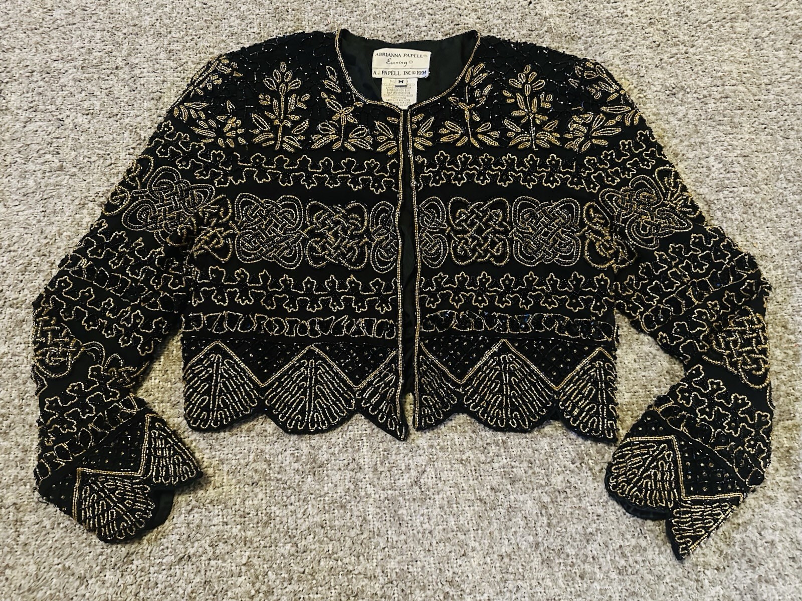 Vintage 90s 1994 Adrianna Papell Evening Art Deco Noir Beaded Silk Jacket Sz M