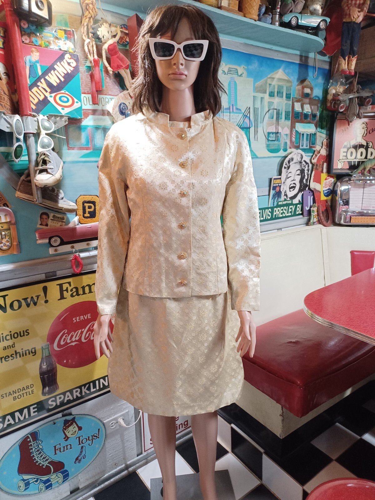 True VTG 1960s Mid-century Gold Brocade Dress Jacket Set Jackie Kennedy S/M MCM