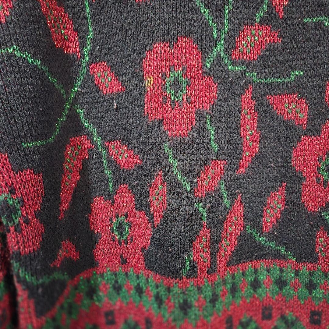 Vintage 80s Red Green Metallic Floral Black Sweater Womens’ L? XL?-READ