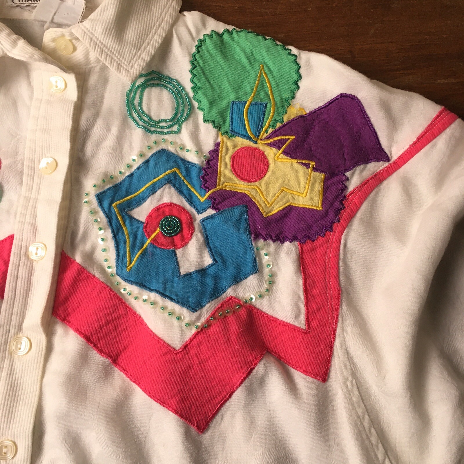 Marc D’alcy White Blouse With Geometric Patches and Beads 1980s Vintage