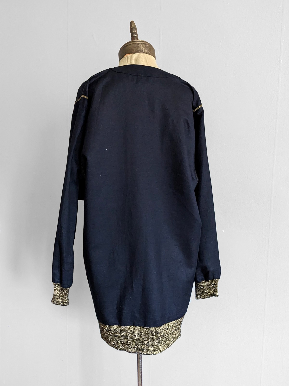vtg 90s linen blend black & gold mid length cardigan jacket