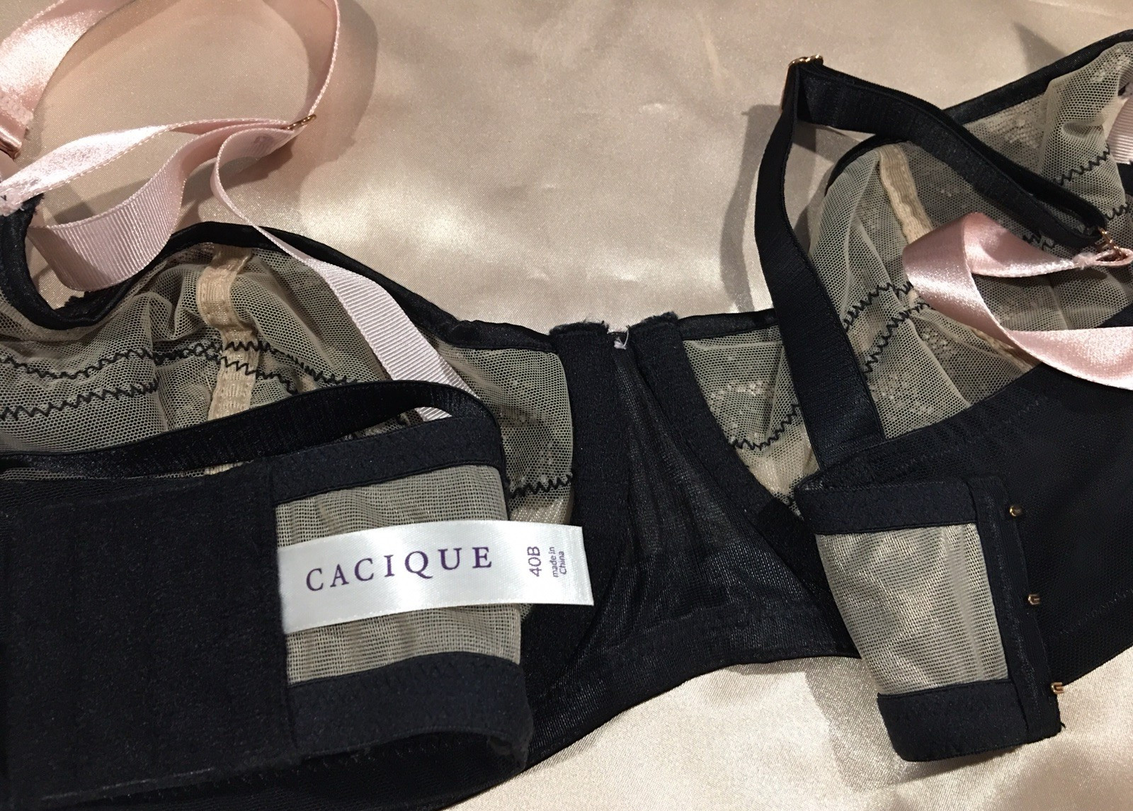 Vtg Cacique Pink Black Lace Nylon Underwire Bullet Bra 40 B New