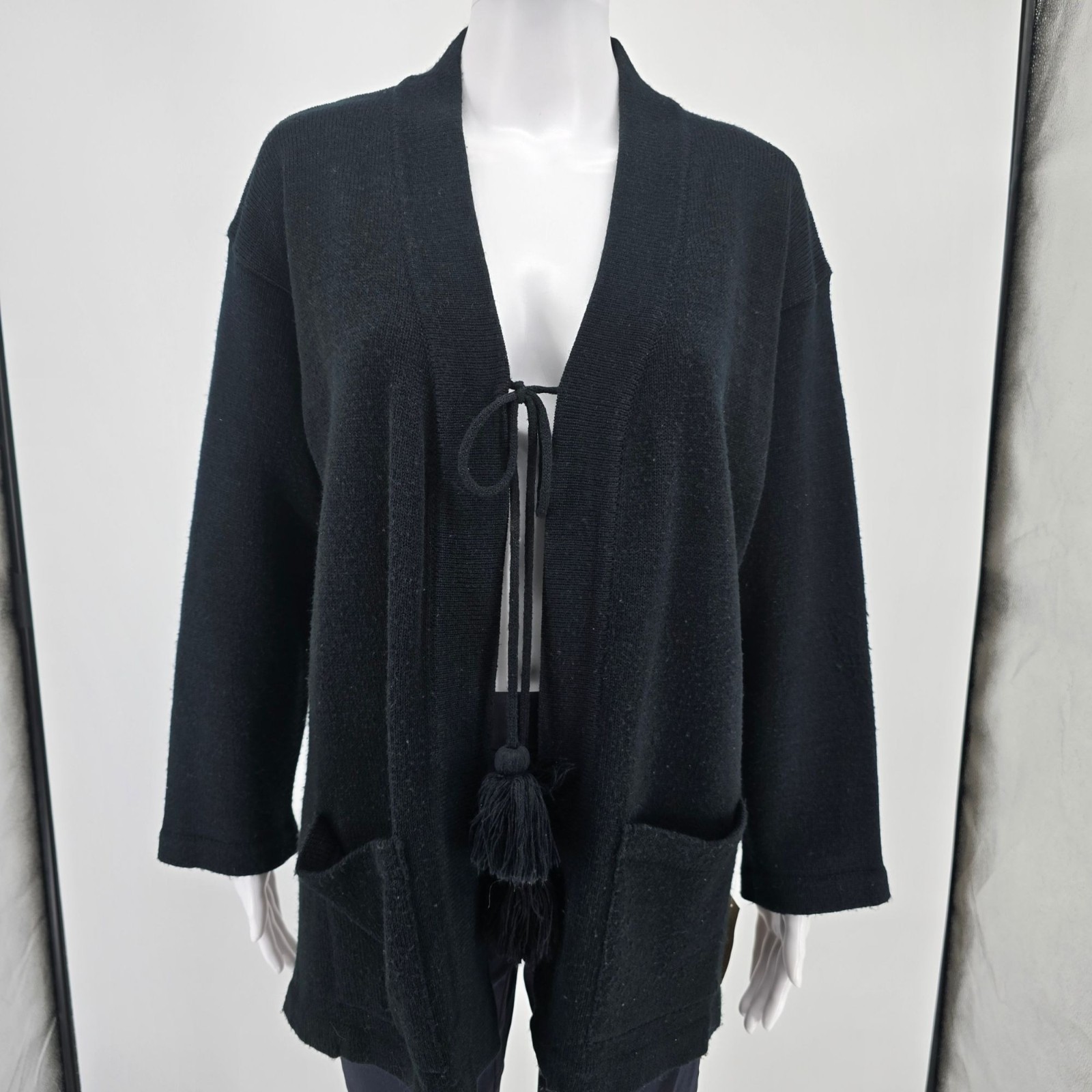 Vintage 1980s Knitivo II Women’s Black Acrylic Open Front Cardigan Sweater (L)