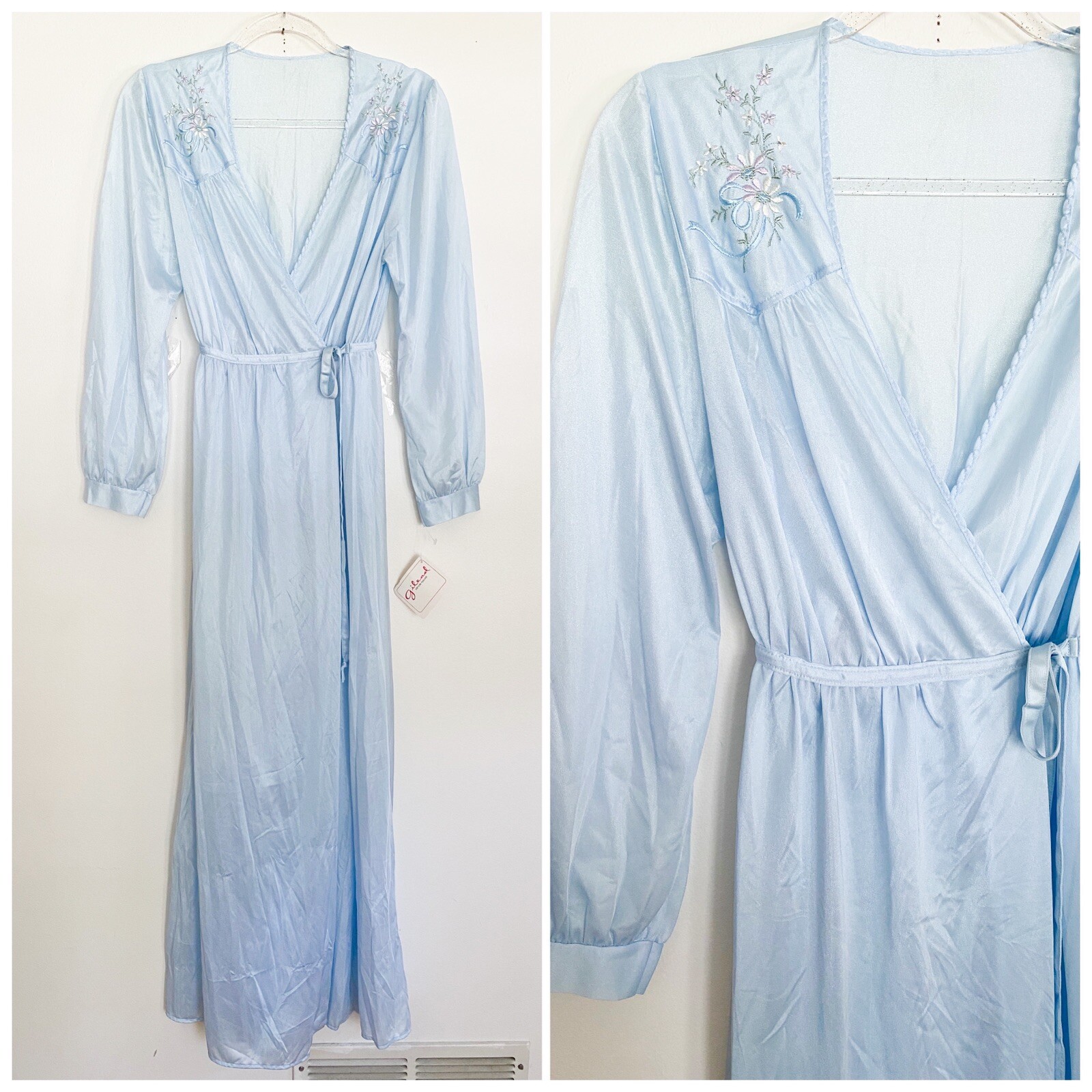 NWT Vintage Blue Floral Embroidered Gilead Gown Robe Slip Dress Kimono S Dressin