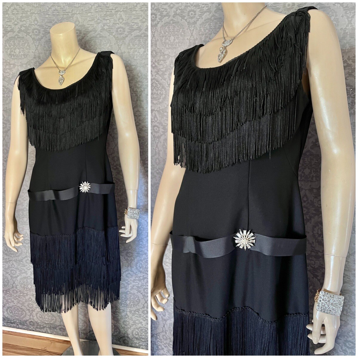 Sexy 1960s Claralura Original Inky Black Fringed Dress, Excellent, Medium, VLV