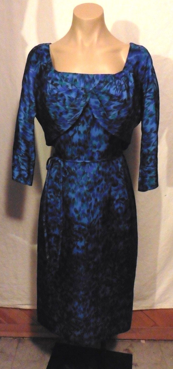 50s Blue Green Silk Dress w/ 1/2 Slvs & Faux Jacket & Tie Belt sz M