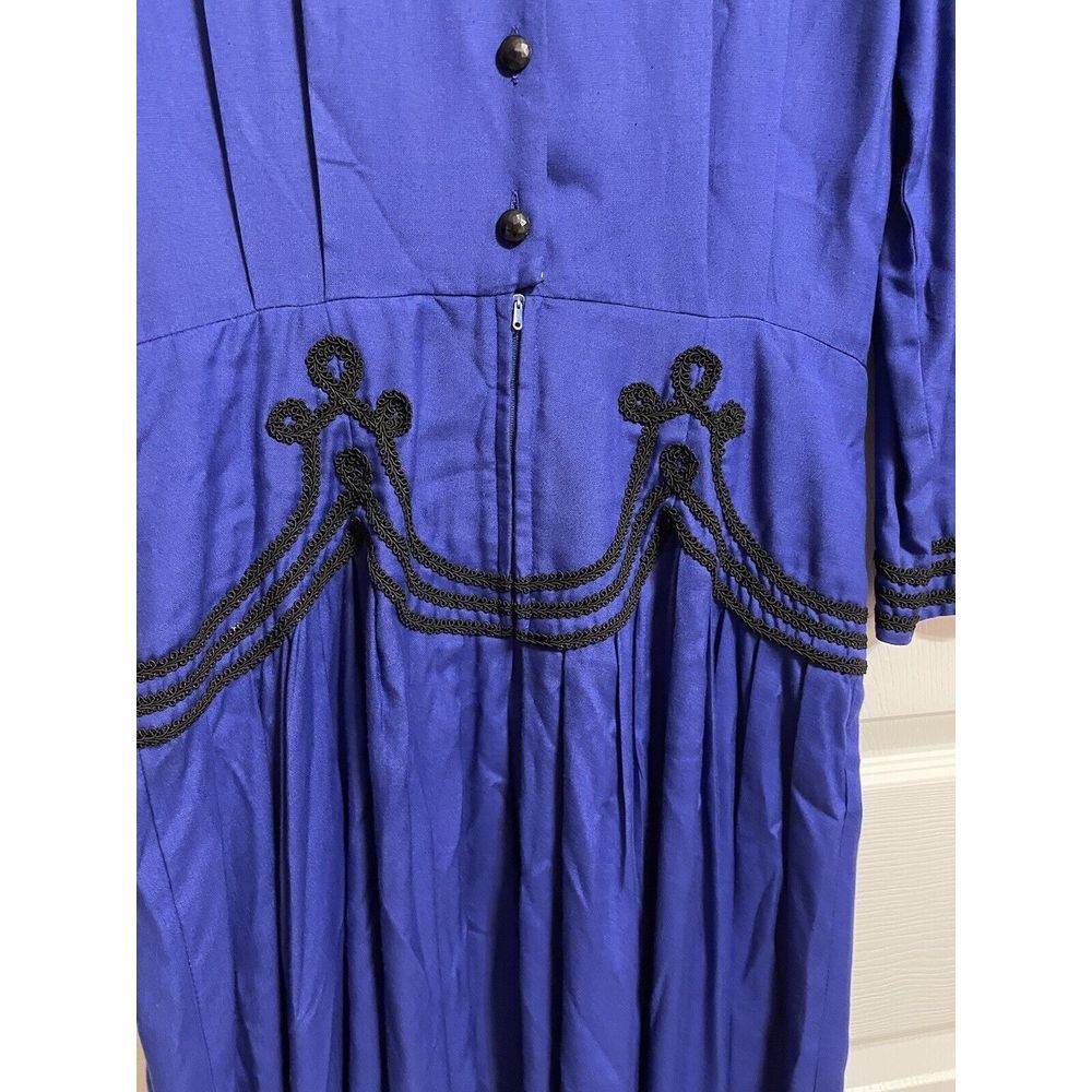 Vtg Sarah Elizabeth Sapphire Blue Long Dress Black Cord Detail Button Back Sz 12