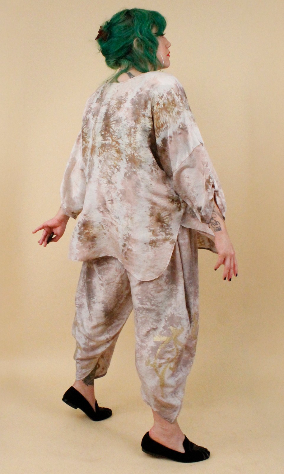 80s Vtg Silk Beige Gold Laise Adzer Langenlook Moroccan Harem Pant Suit OS