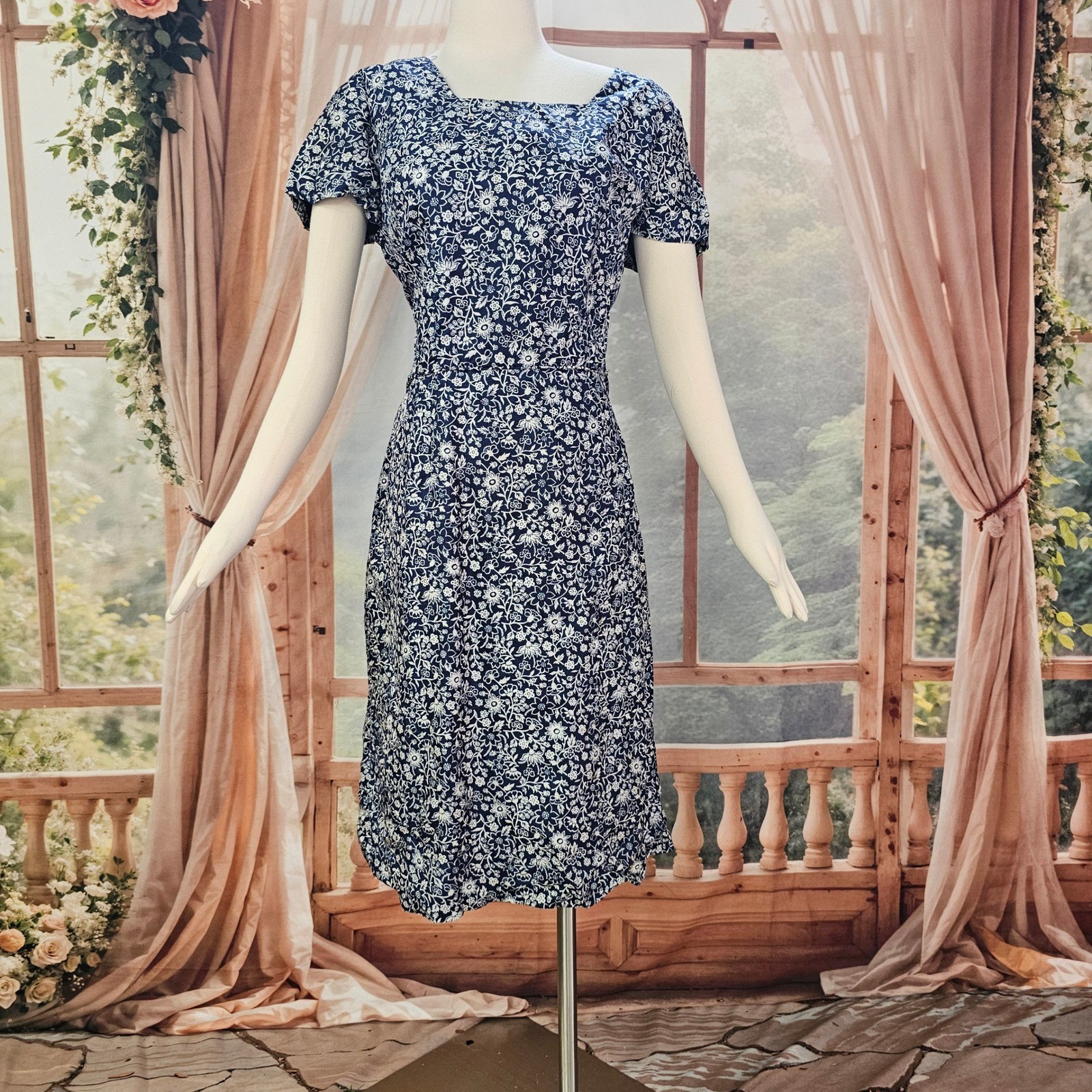 Vintage 1950’s Dress Brewster Navy Blue Floral Square Neck Fitted Pinup as is