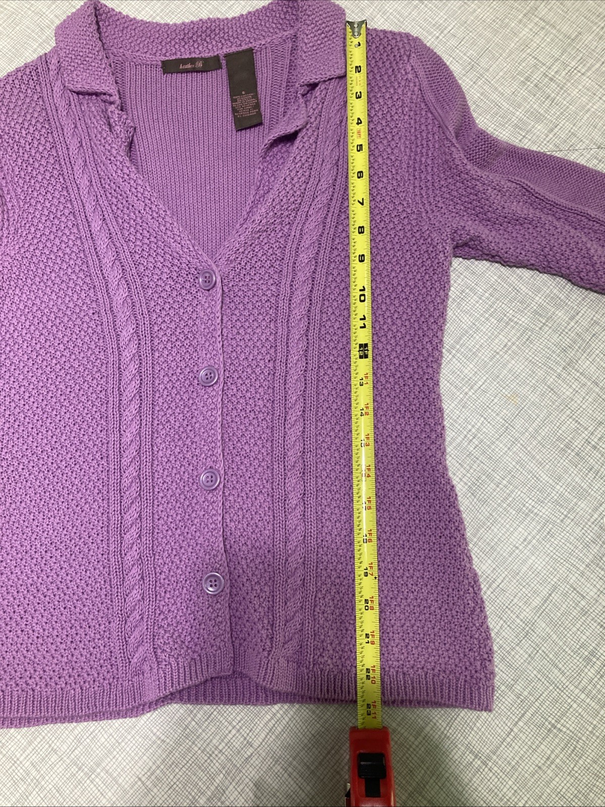 Vtg Y2K Heather B Purple Knit Cardigan Top S Cotton 3/4 Sleeve Collared Coquette
