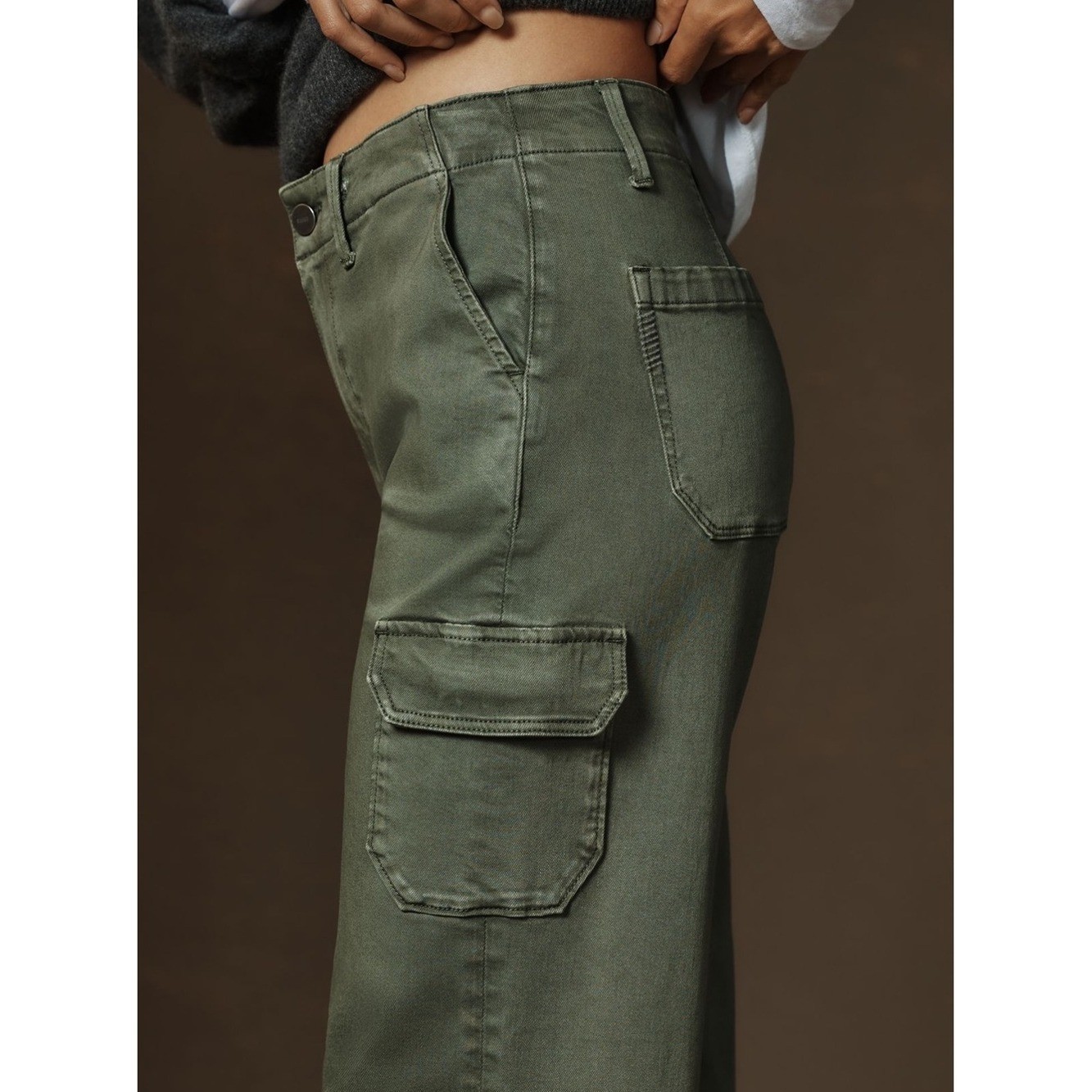 ANTHROPOLOGIE PAIGE Carly Cargo Pants in Vintage Ivy Green Wide Leg Denim