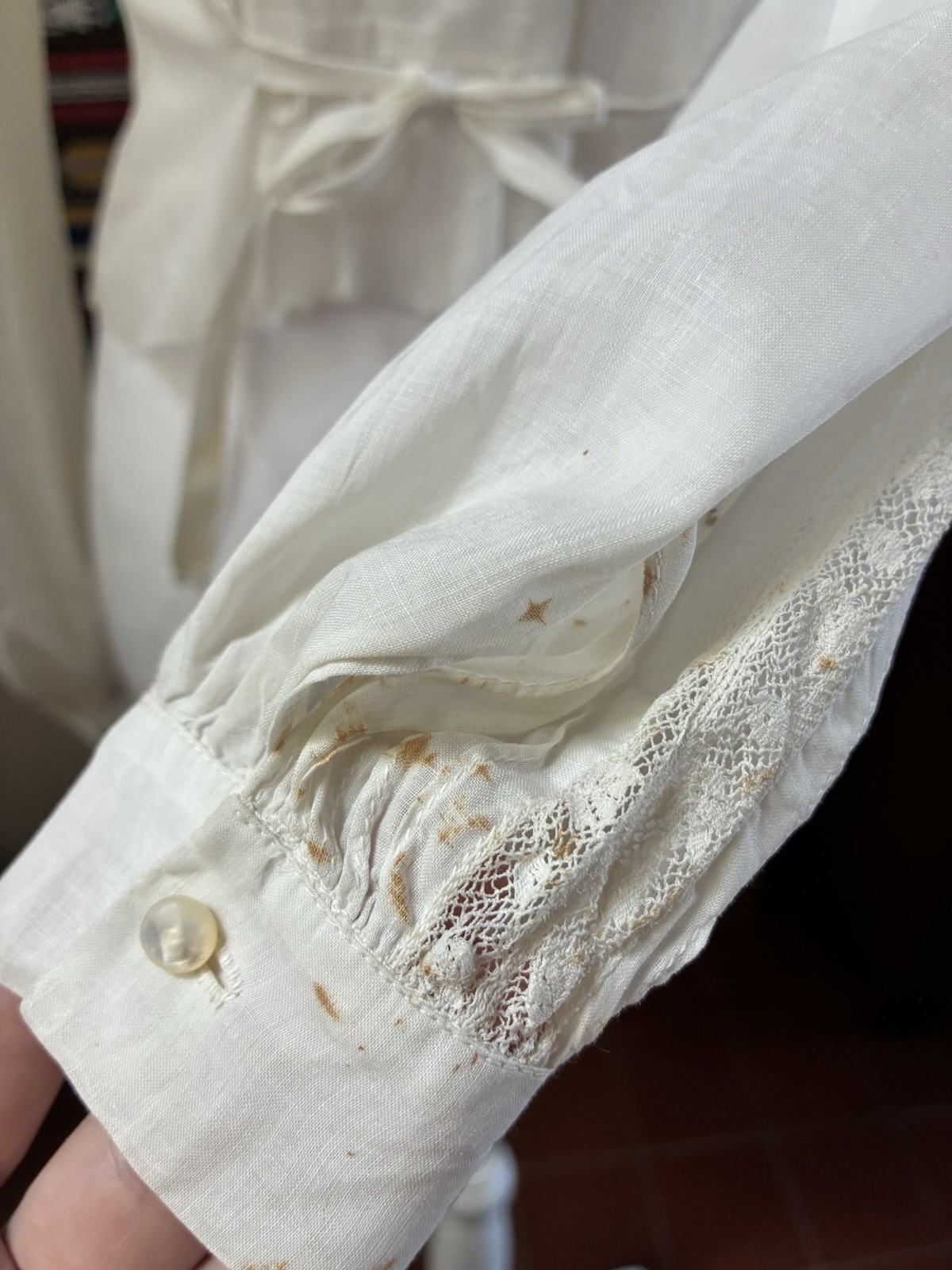 Vintage Handmade 40s White Pintuck Lace Button Up Blouse Top Size M