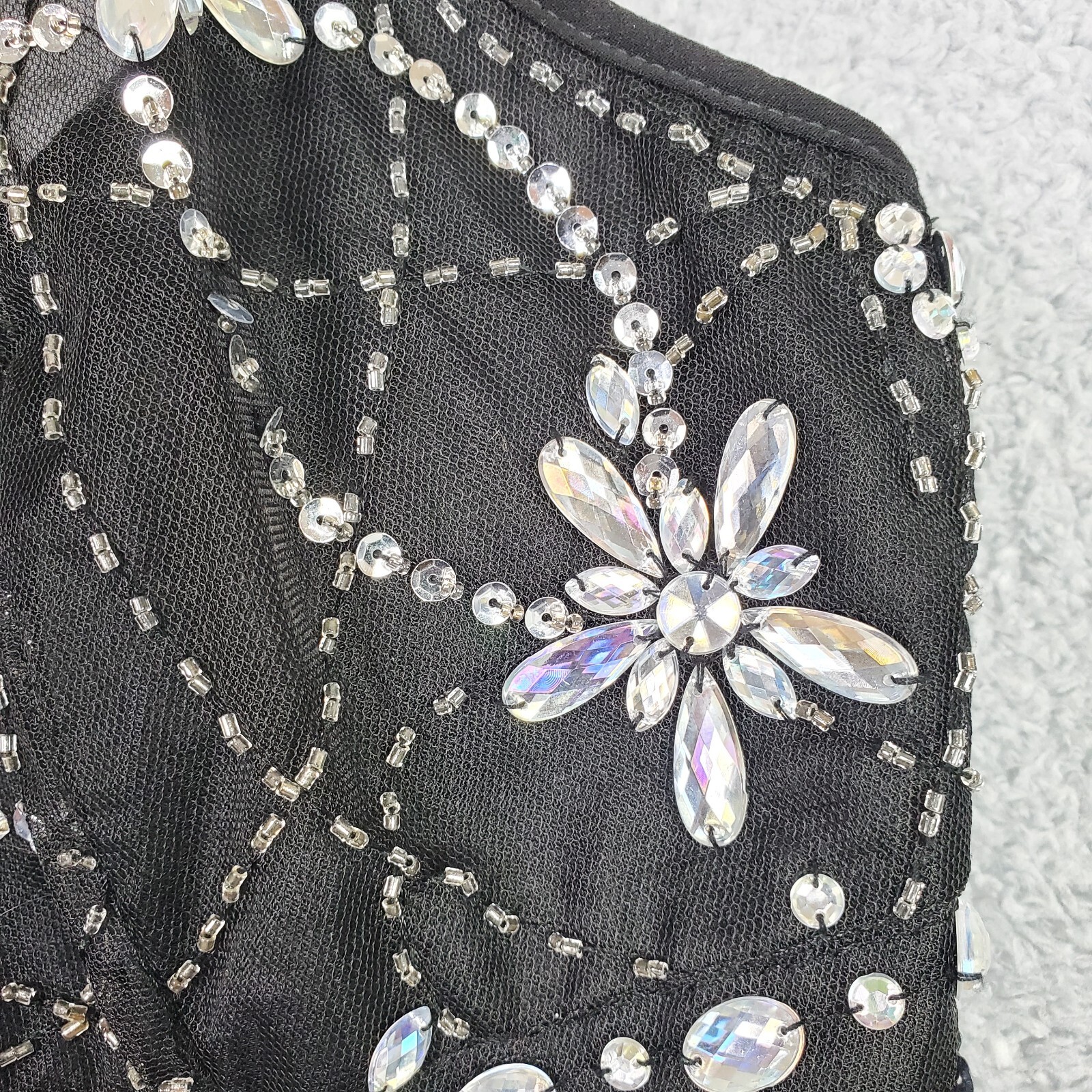 Vtg B Darlin Top Size S Black Halter Crop Embellished Jewels Sheer Padded Zip Up