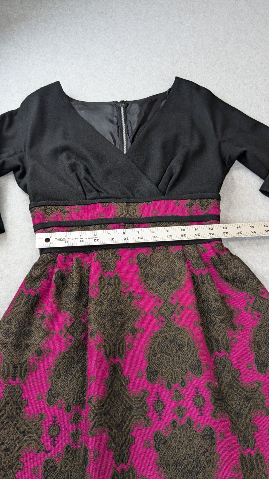 Miss Elliete Vintage Dress Fit and Flare 60s Black Pink Surplice Neckline Flaw