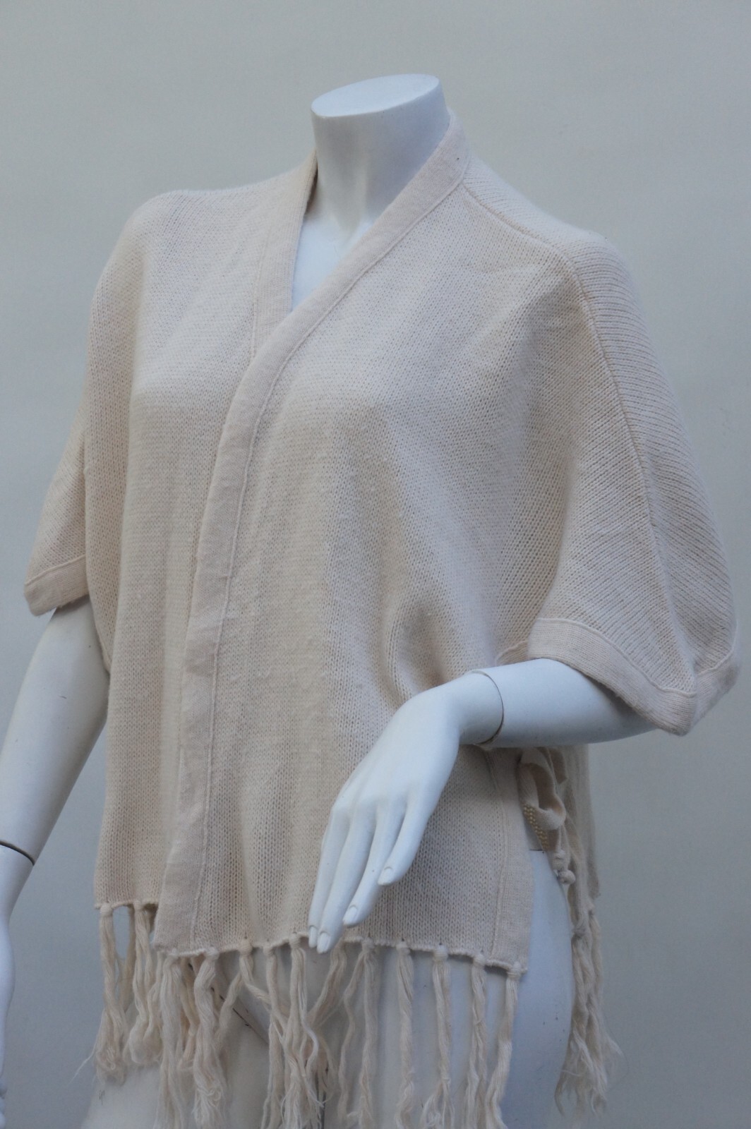 Vintage 70s Knit Creme White Fringe Poncho Jacket Sweater Cardigan By Milrank