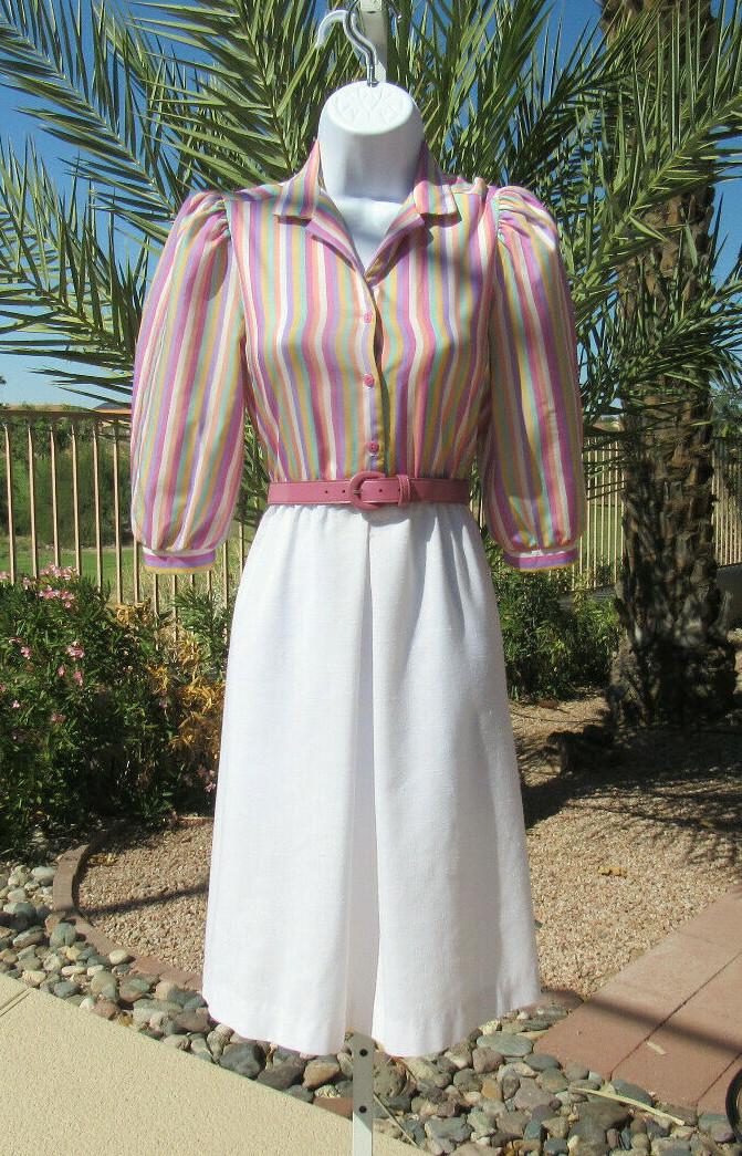 VTG 1960s 70s MOD TAURUS II SIZE 3-4 DRESS & BELT STRIPES COTTON POLY BLEND?