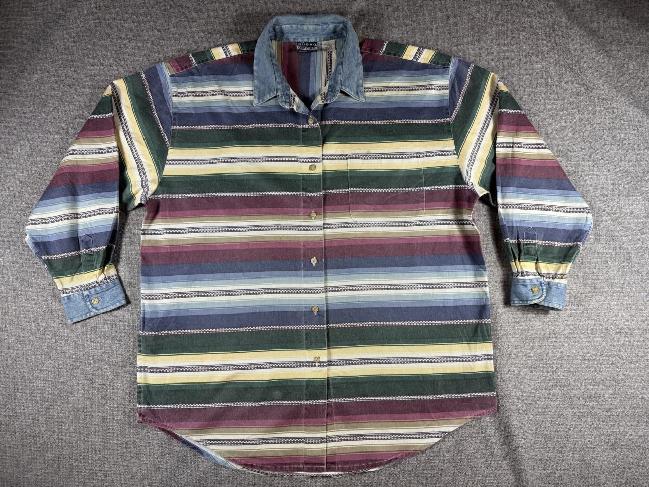 80’s-90’s VTG County Seat Nuovo Southwestern/Baja Stripe Denim Collar Shirt L