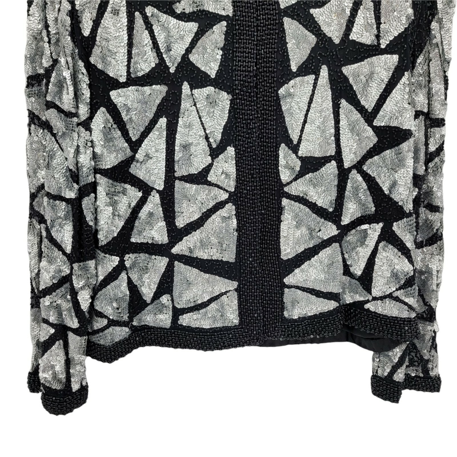 Vintage 80’s Sweelo Blazer M Silk Geometric Black Silver Metallic Sequin Beaded