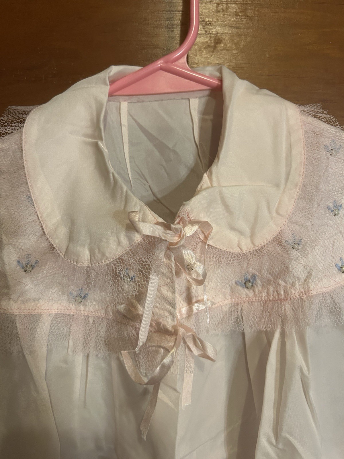 Vintage Pink Bed Jacket Embroidery And Tulle Trim Ribbon Ties No Tag