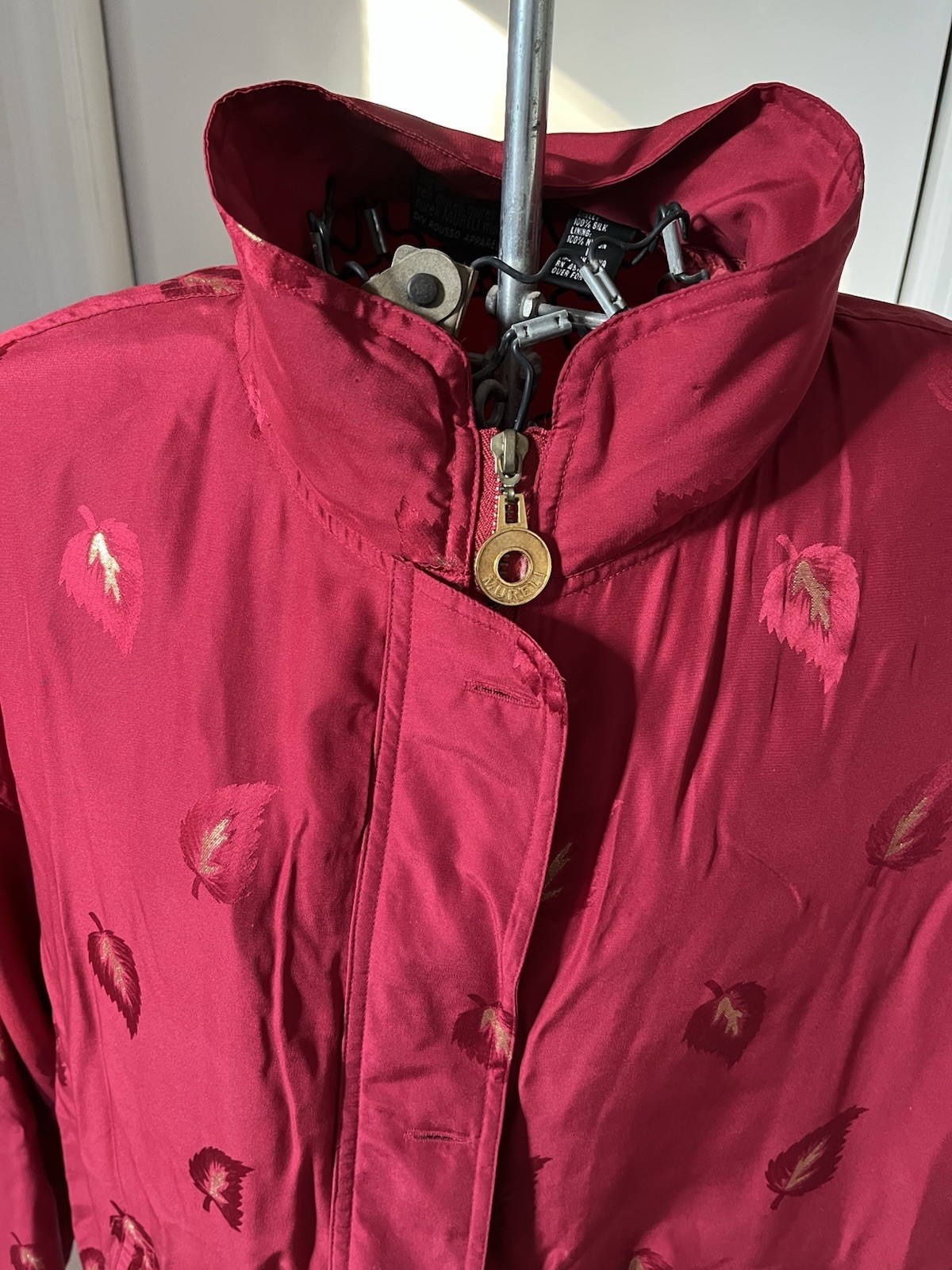 Vintage Silk Bomber Jacket Women M Red Gold Leaf Print Lightweight 90s Retro Zip