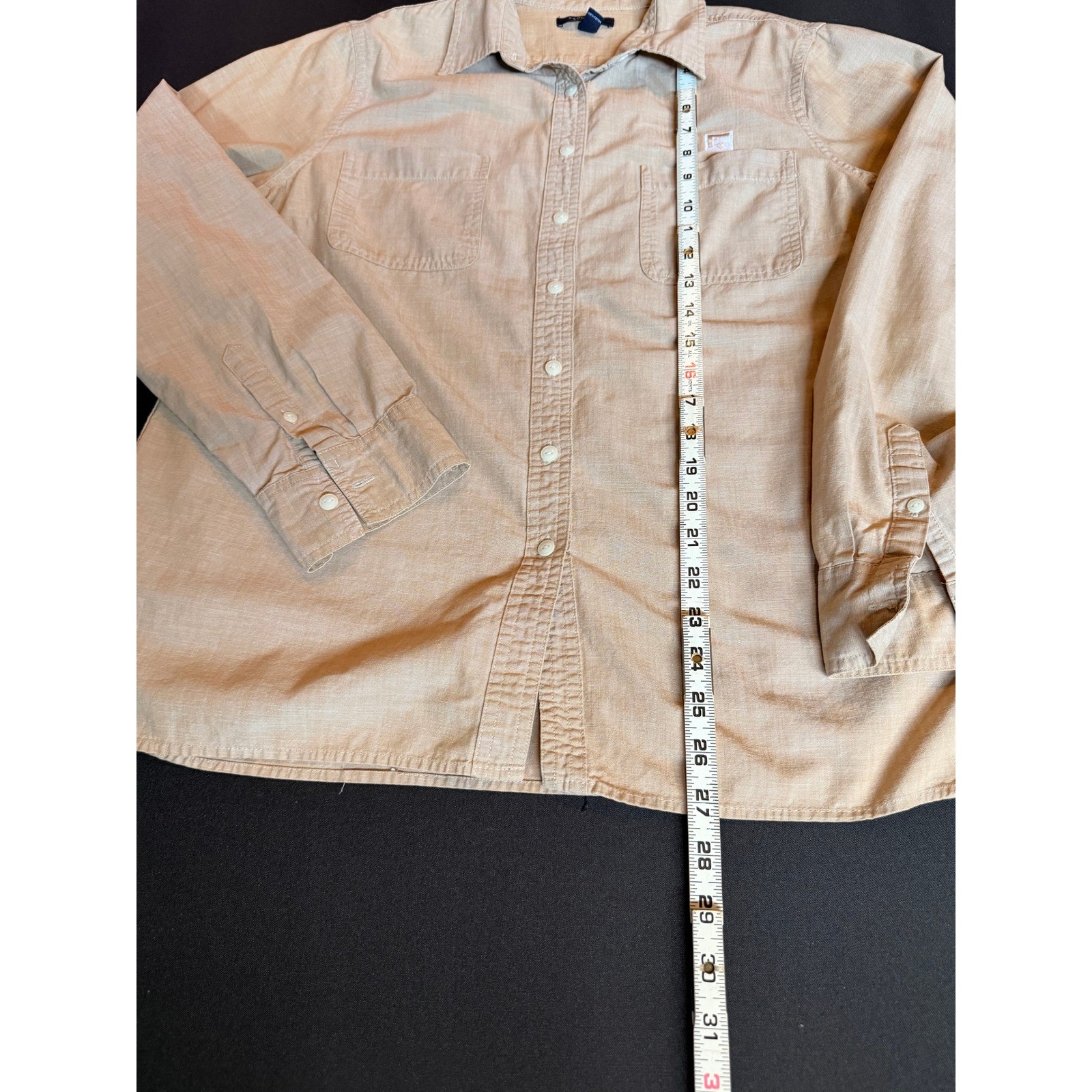 Lands End Womans Tan Cotton Button Down Shirt Long Sleeve L 14-16 Preppy Neutral