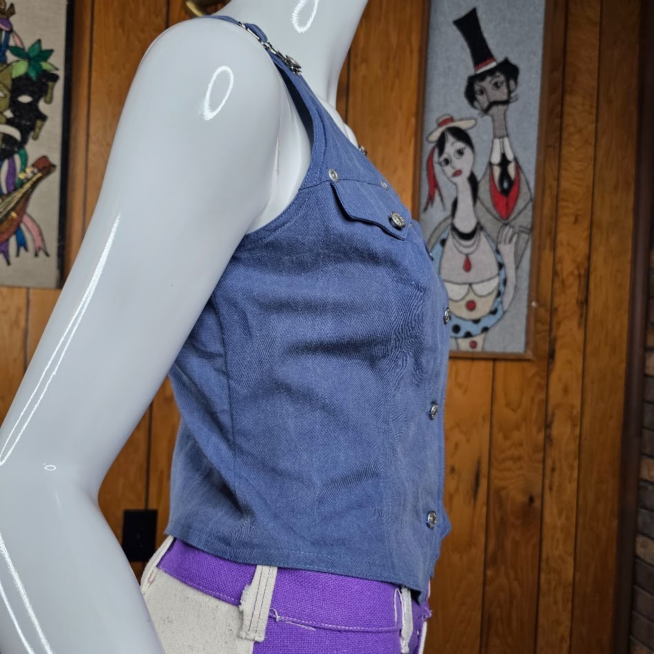 Vtg 90s do 70s Cowgirl Renaissance Western Chambray Denim Vest Hillbilly Top XS