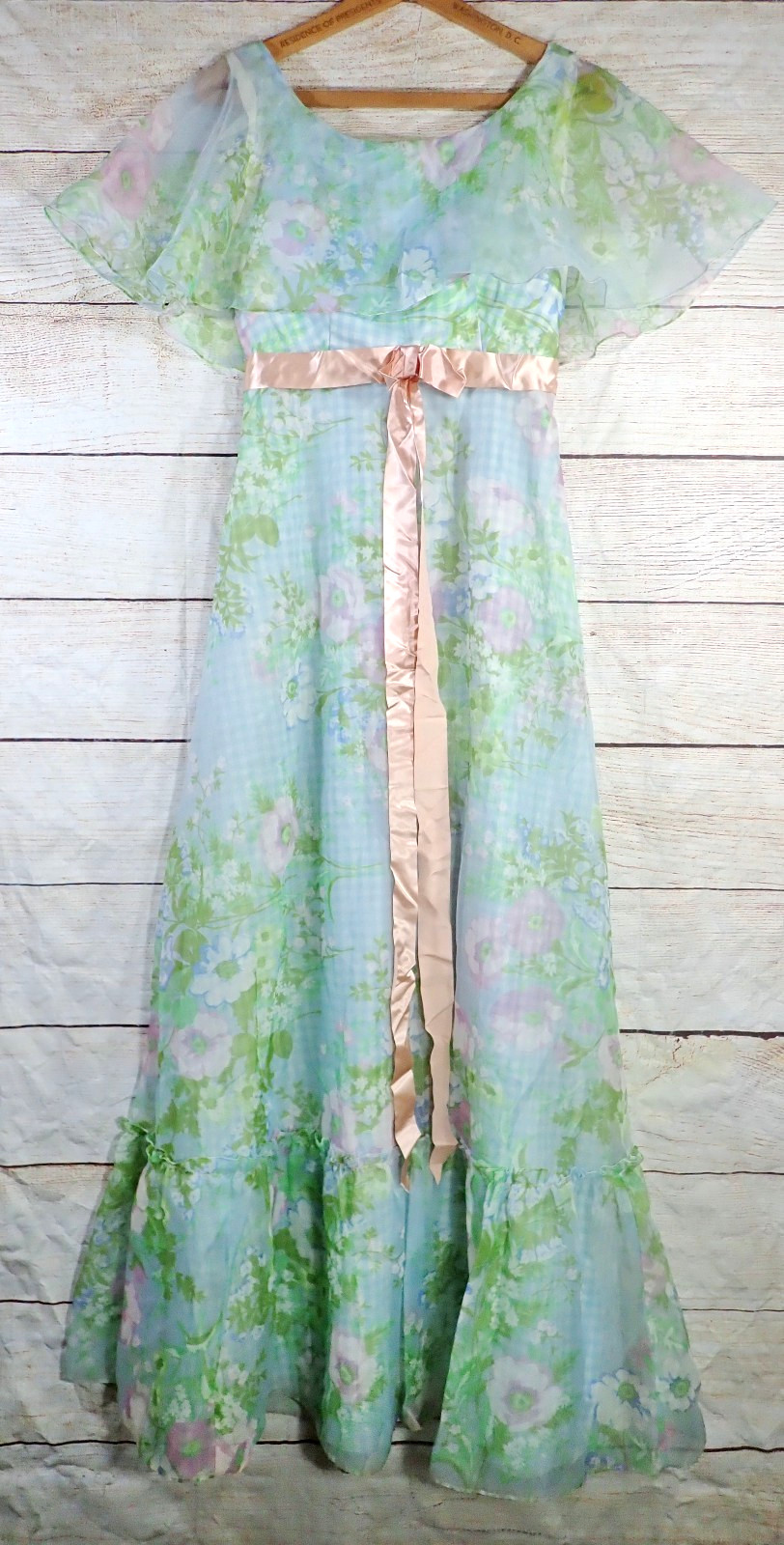 Vtg 70s Prairie Maxi Dress Floral Gingham Sheer Capelet Flutter Sleeve Cottage 0