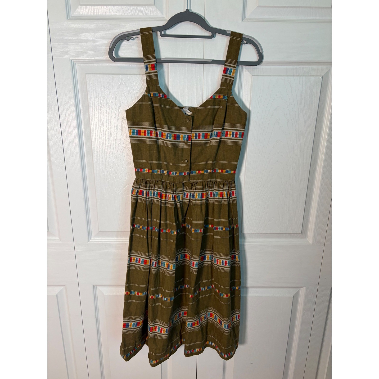 Vintage Coco California Olive Brown Multi Color Stripe Button Front Sun Dress