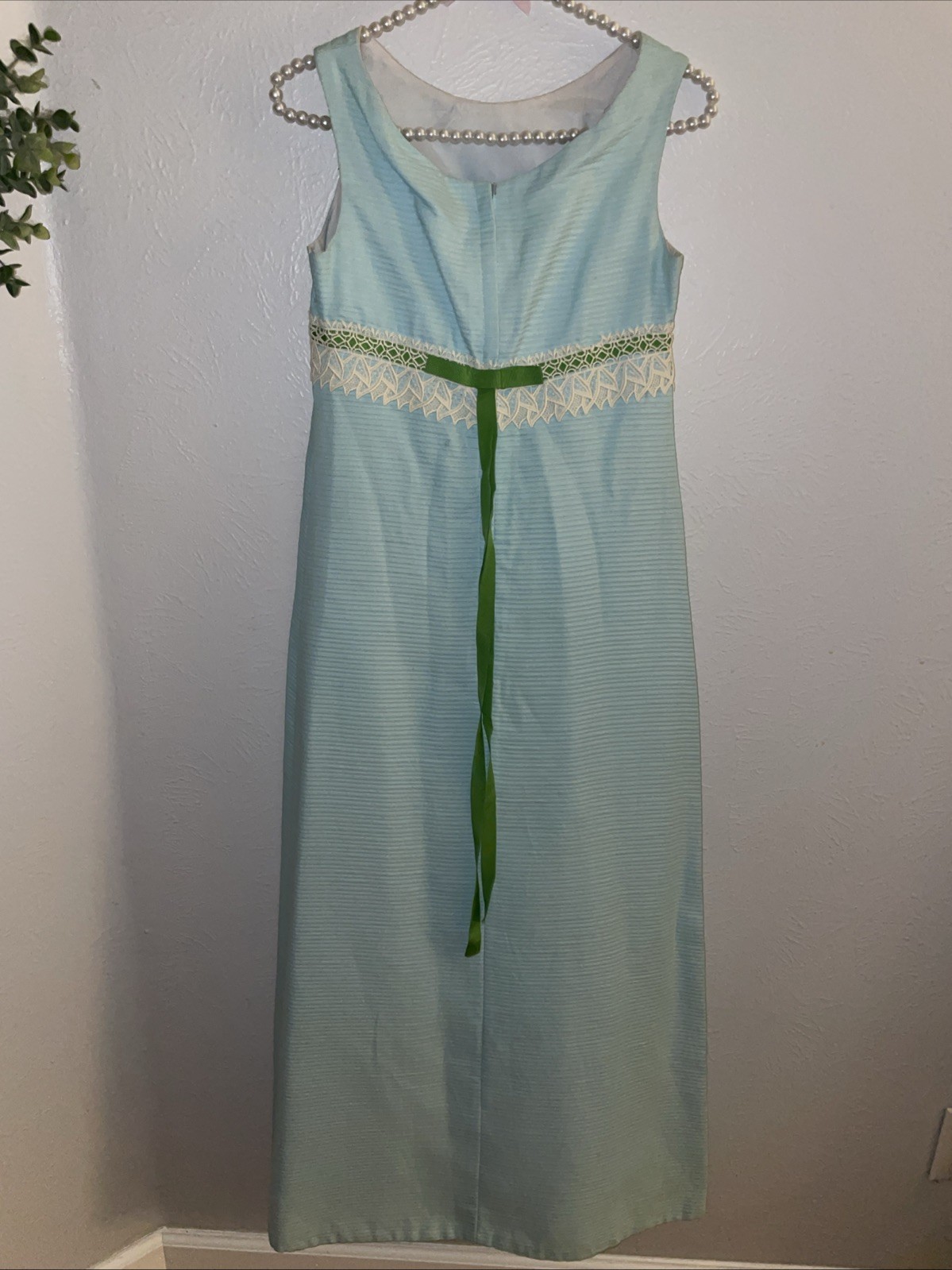 Vintage 60’s 70s Maxi Dress Sz 3 Gina Petites Blue/green Bow Boho Empire Waist