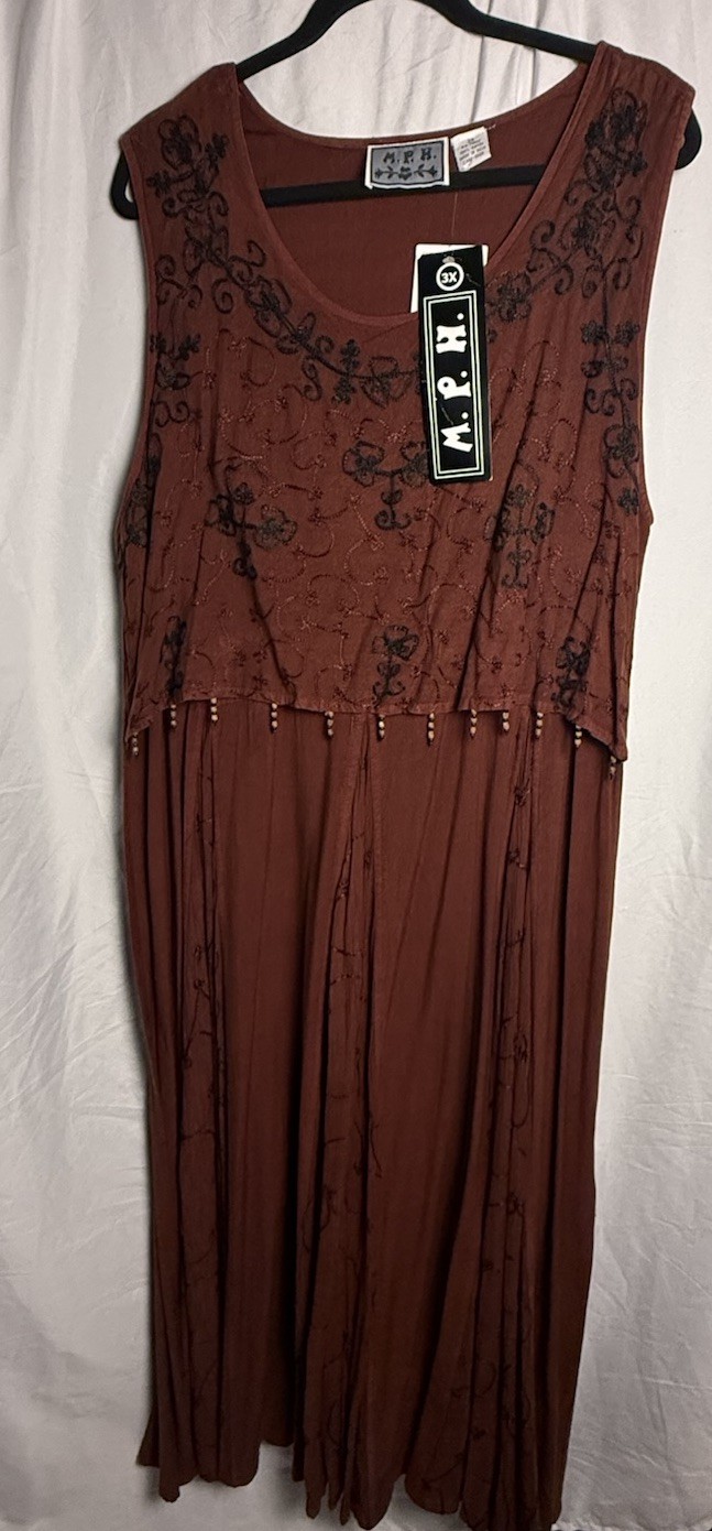 VTG Y2K M.P.H. 3X Artsy Boho Dress Burgundy Brown Beaded Gothic Lagenlook