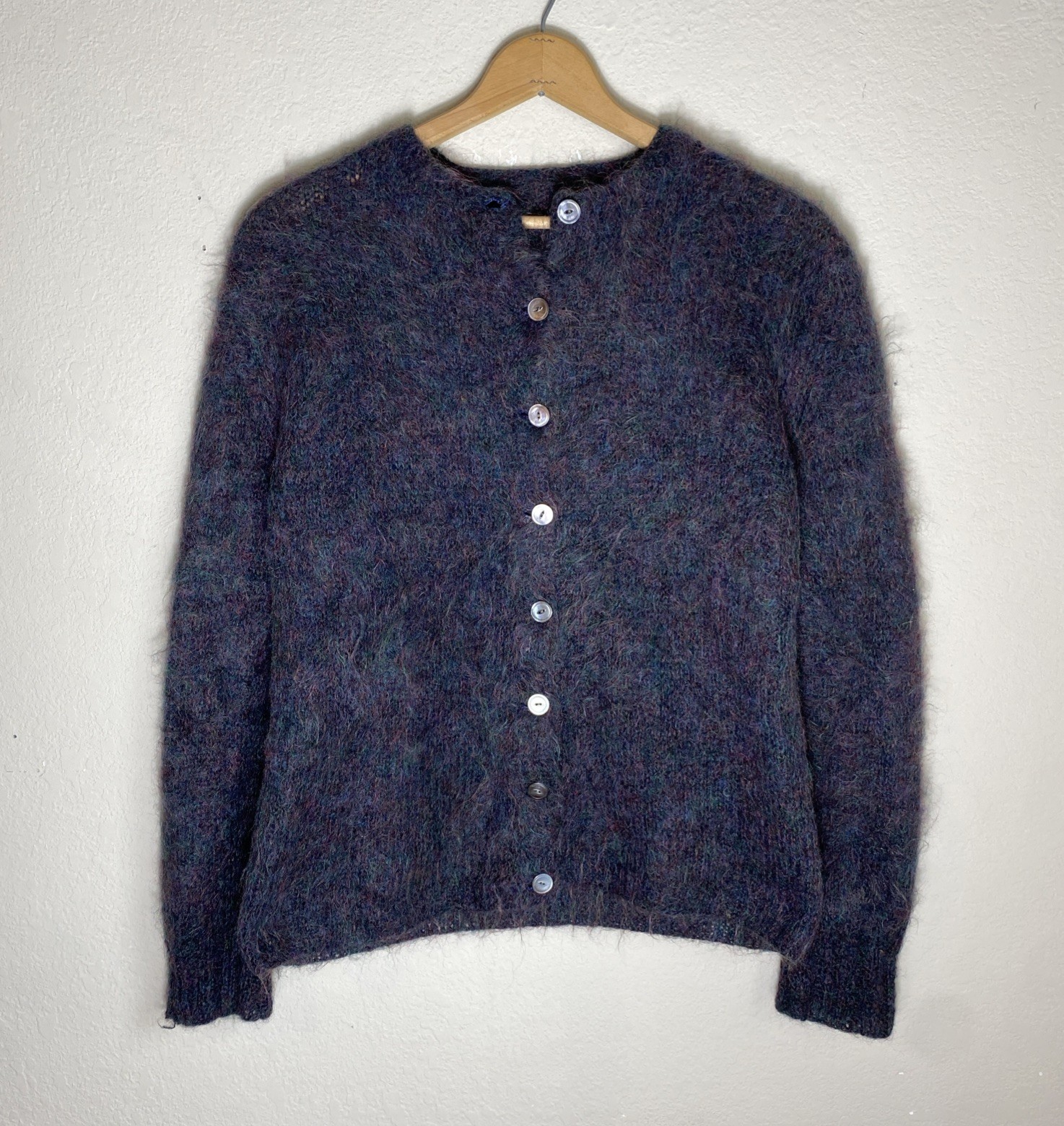 Vintage Shaggy Mohair Wool Blend Cardigan Grey/Purple Size Womens Large