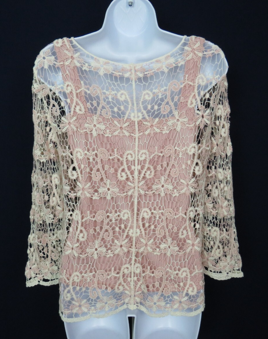 VTG 1980s 90s OSCAR DE LA RENTA ACTIVE FLORAL CROCHETED LACE TOP CREAM MAUVE