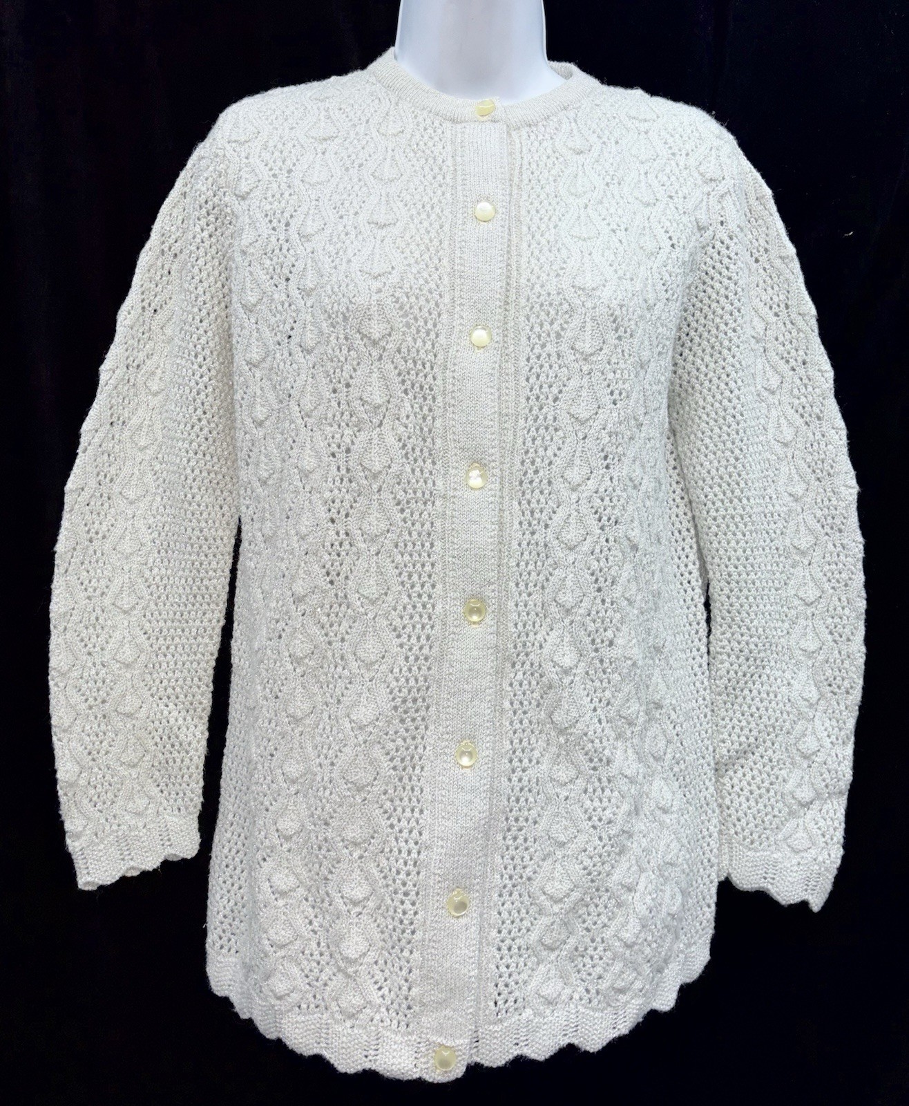 VTG 60s Women Size M Button Up Cardigan Sweater Scalloped Hem Silver Threading