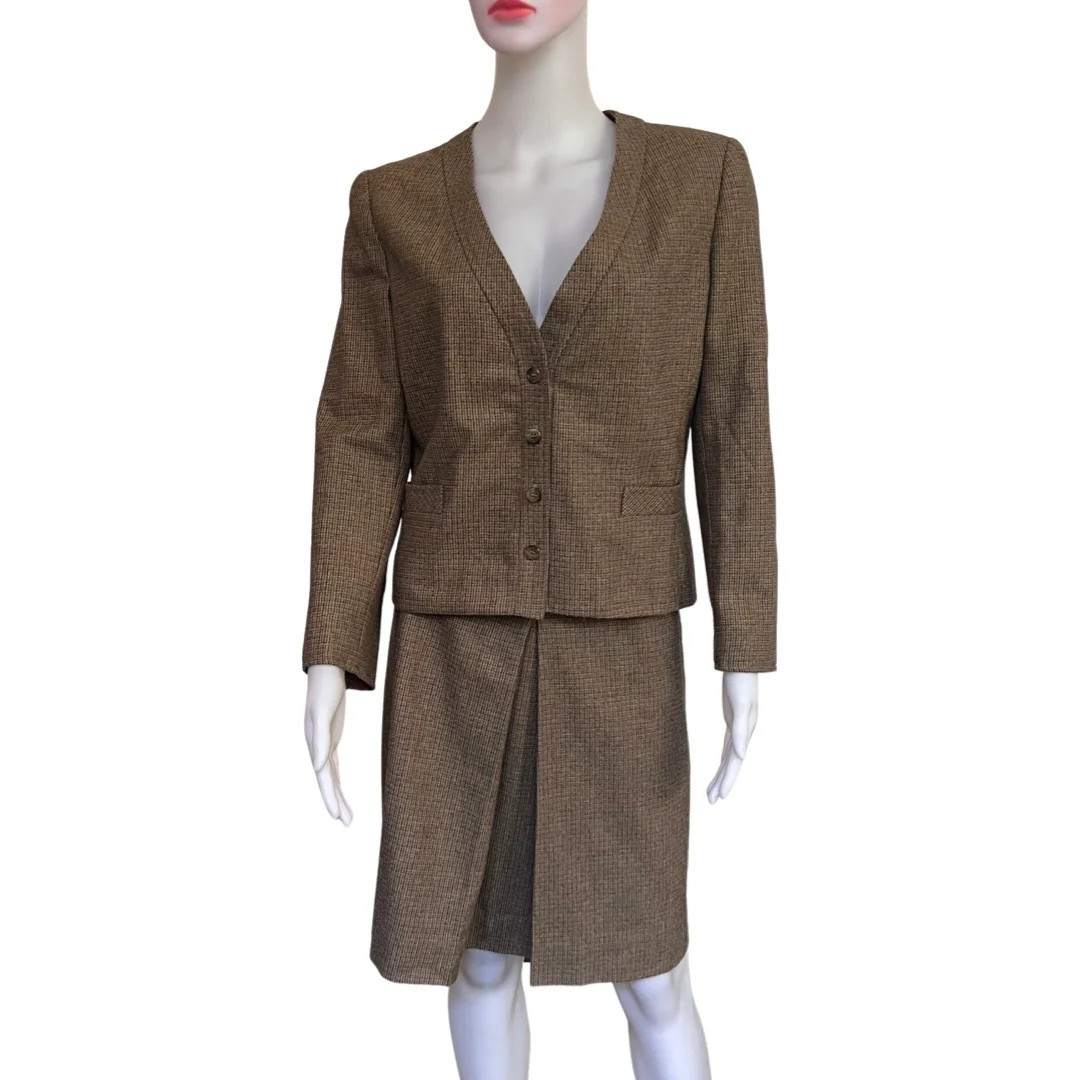 Vintage 70s Vintage Wool Skirt Suit Womens Brown Mod Jacket & Skirt Set Petite M