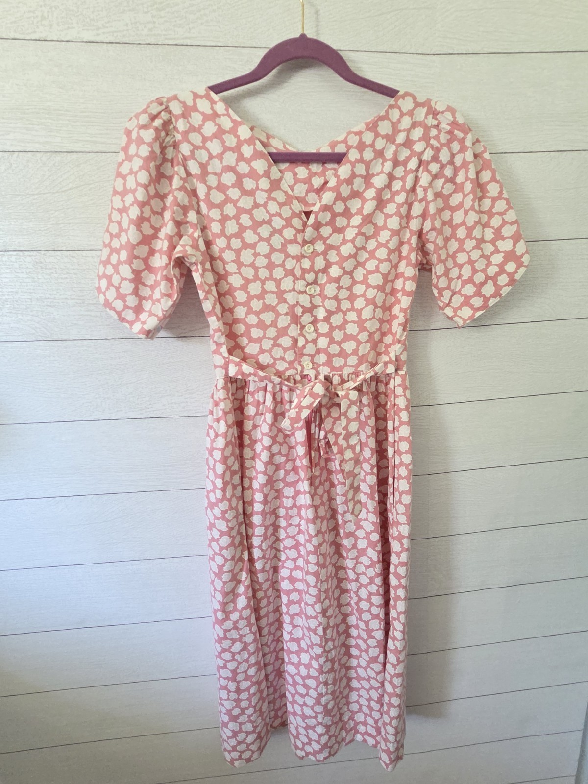 VTG Lanz Originals Dress 7/8 Pink Floral Cotton Tea Dress Cottage Core Belted