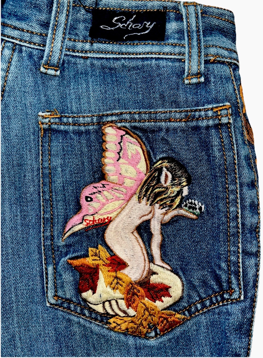 Vtg 1970s Schary Embroidered Jeans Woodland Fairy Pocket Leaf Trim-XS = 24”