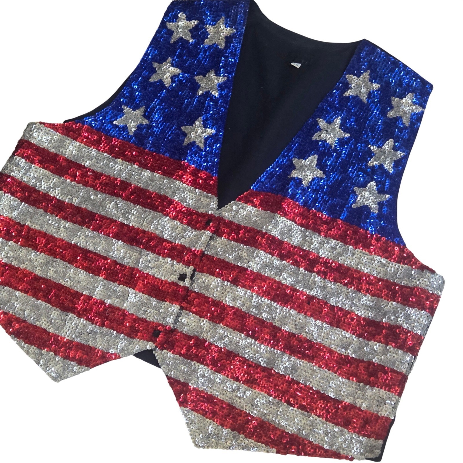 Vintage American Flag Sequin Vest XXL 4th of July Patriotic Stars Stripes USA