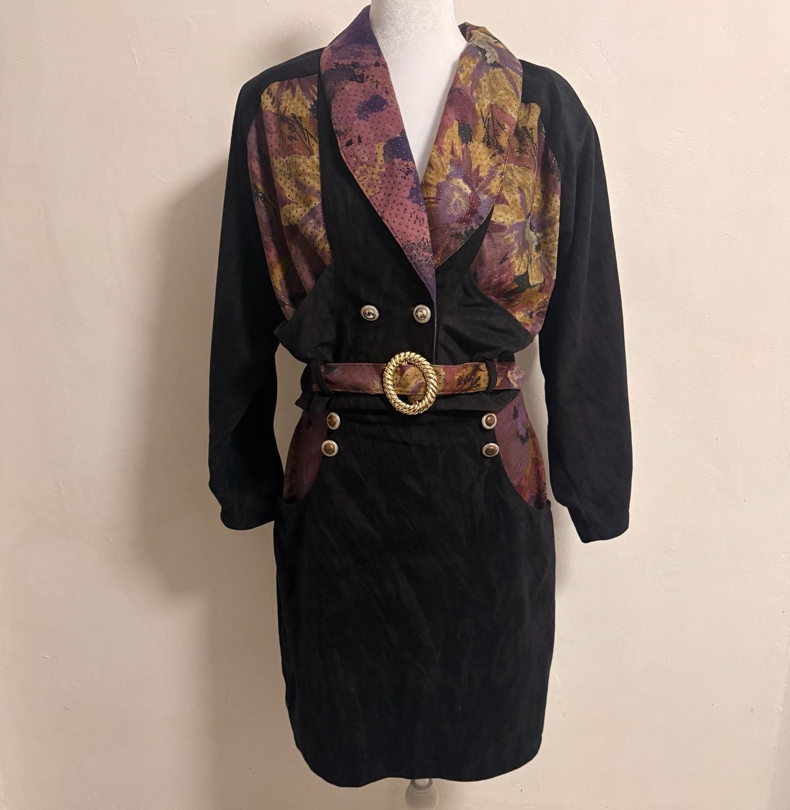 Vintage Kitty Made in USA 80s Jacket and Skirt Patchwork Set Size L Madonna