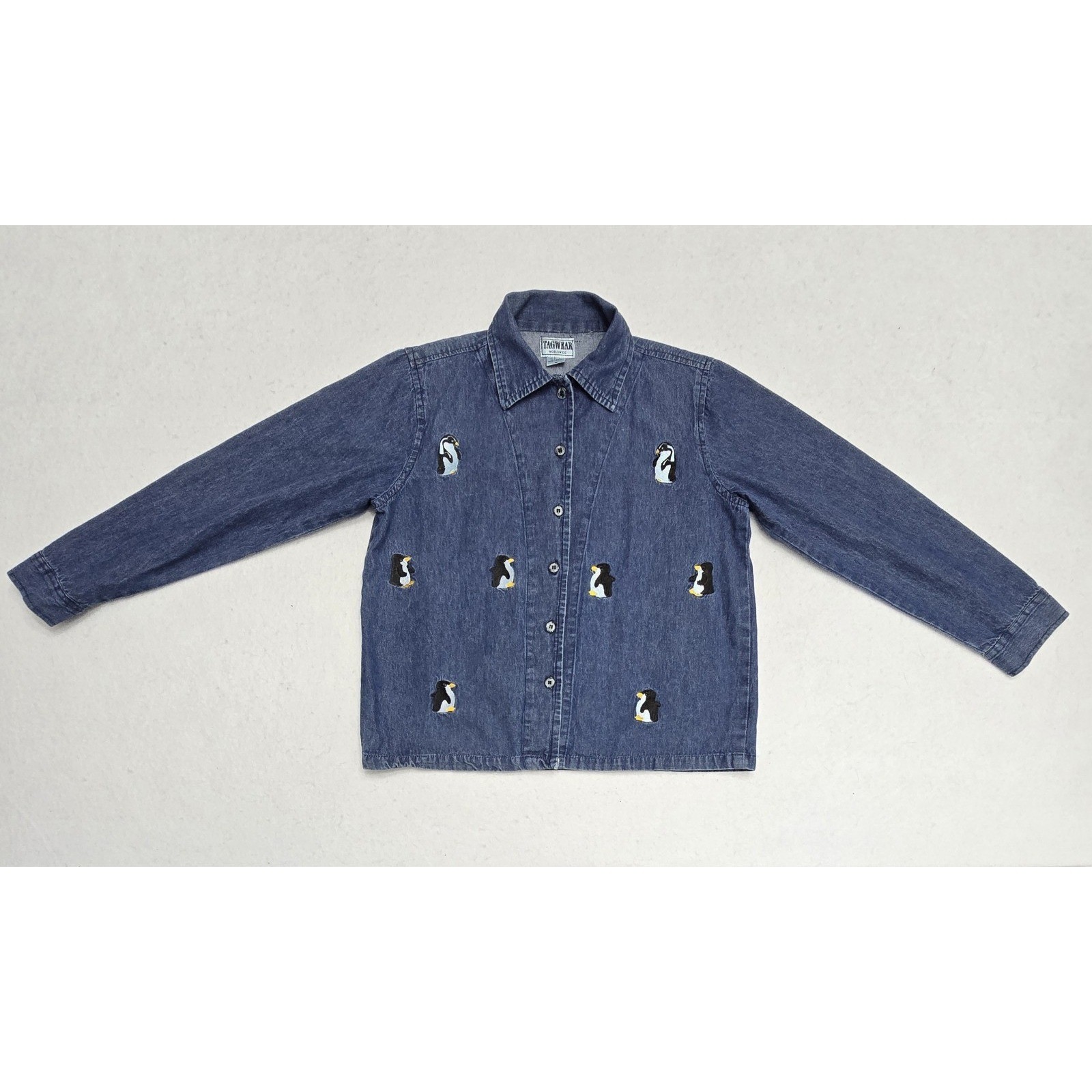 Tagwear Worldwide Vintage Blue Denim Penguin Embroidered Button Down Shirt Med