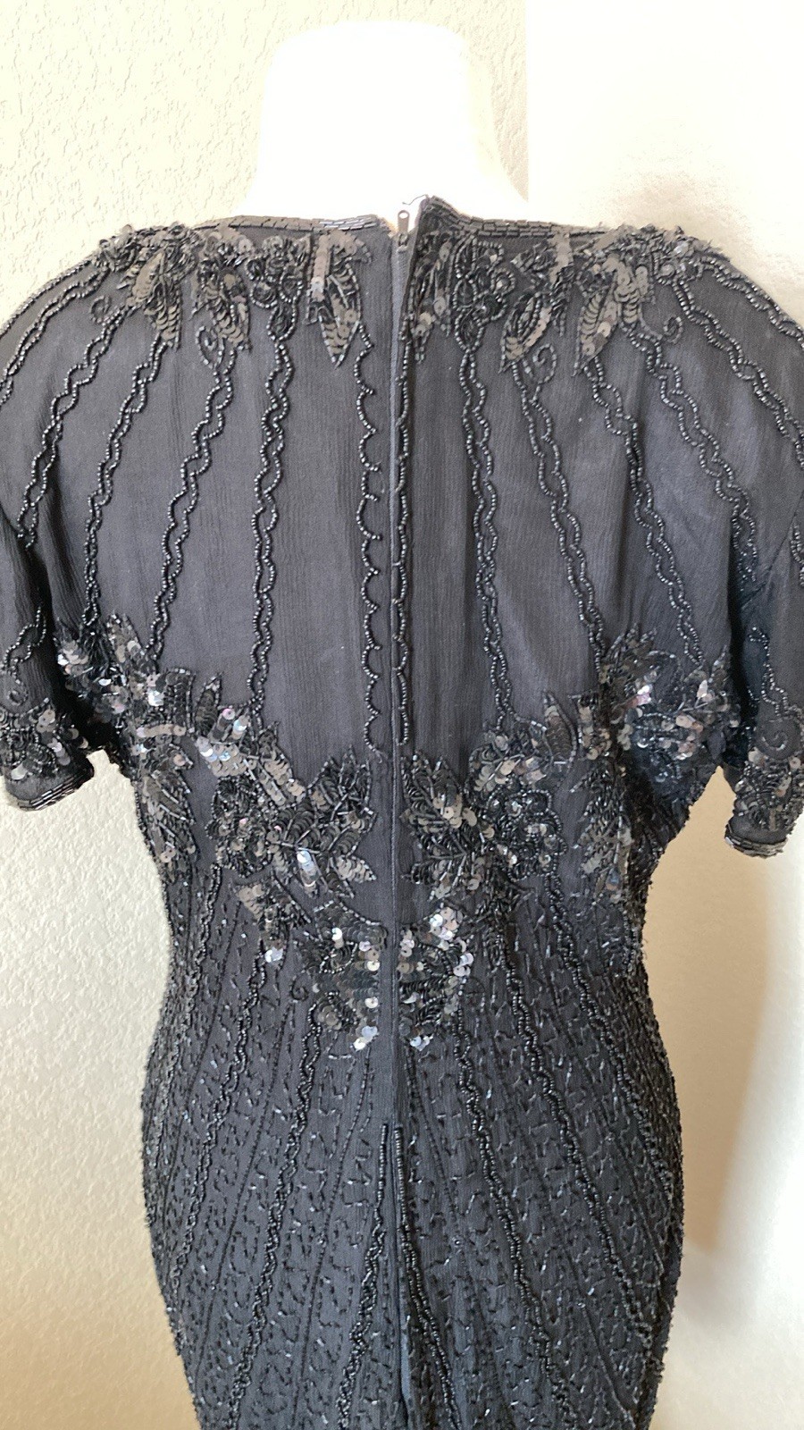Vtg sz 8 Black Beaded Knee Length Cocktail Evening Party Club Dress Designer