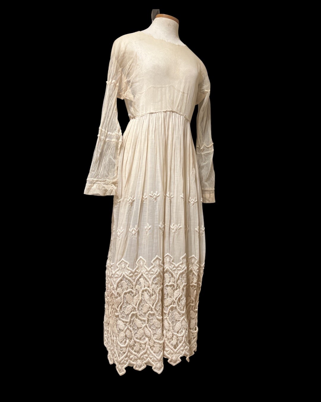 Antique Edwardian Tulle Crochet Formal 2piece Dress Vest Cotton Voile Skirt 1900