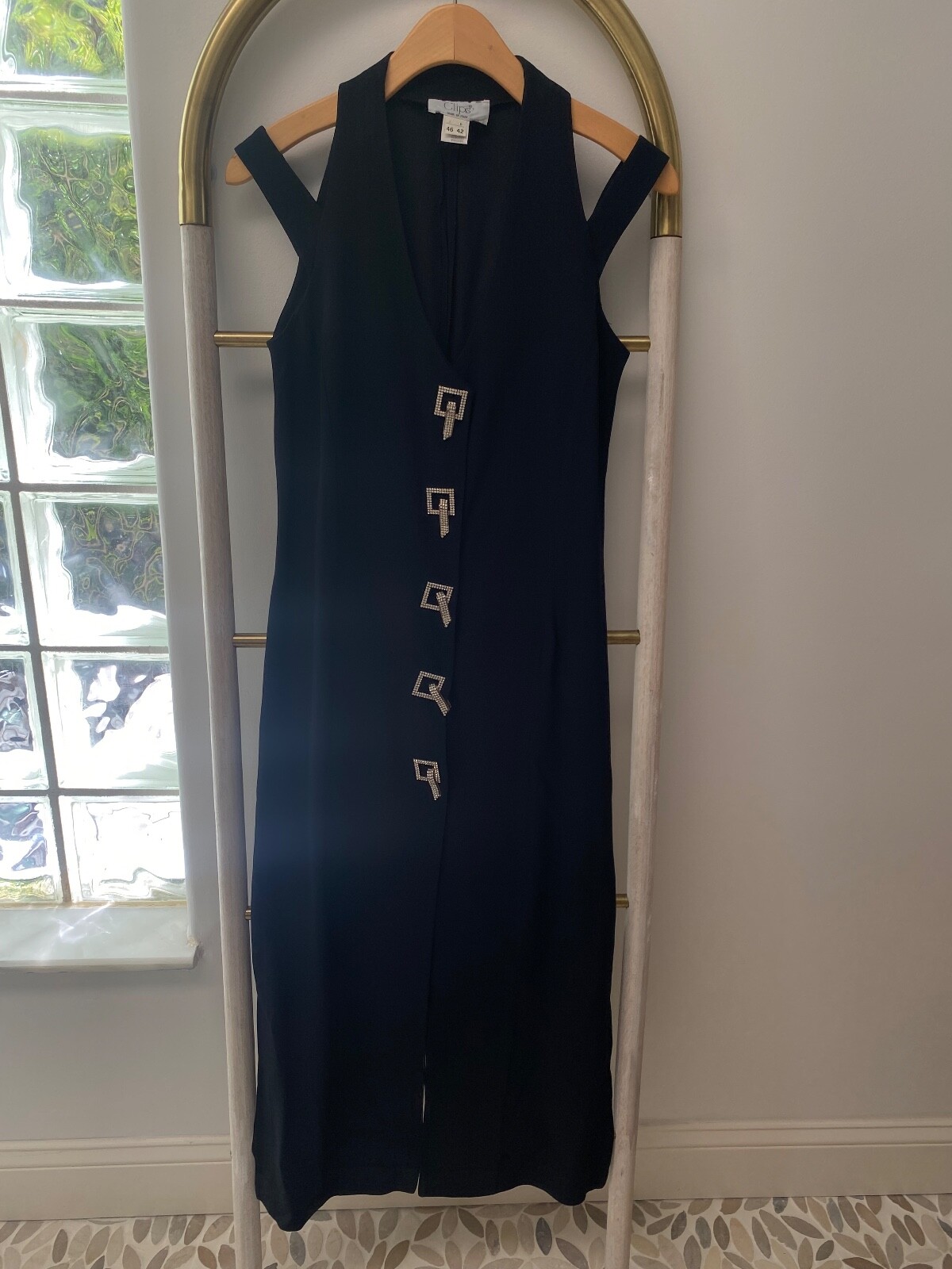 Vintage Clips Italy Sleeveless Long Evening Black Dress Slits Size Italian 46