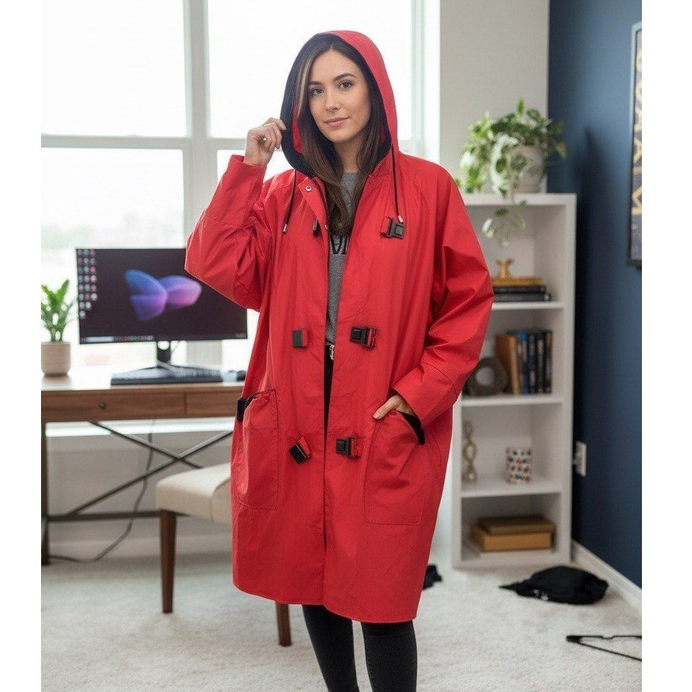 Vintage Pappagallo Red Vinyl Raincoat Hooded Buckle Jacket Oversized L XL
