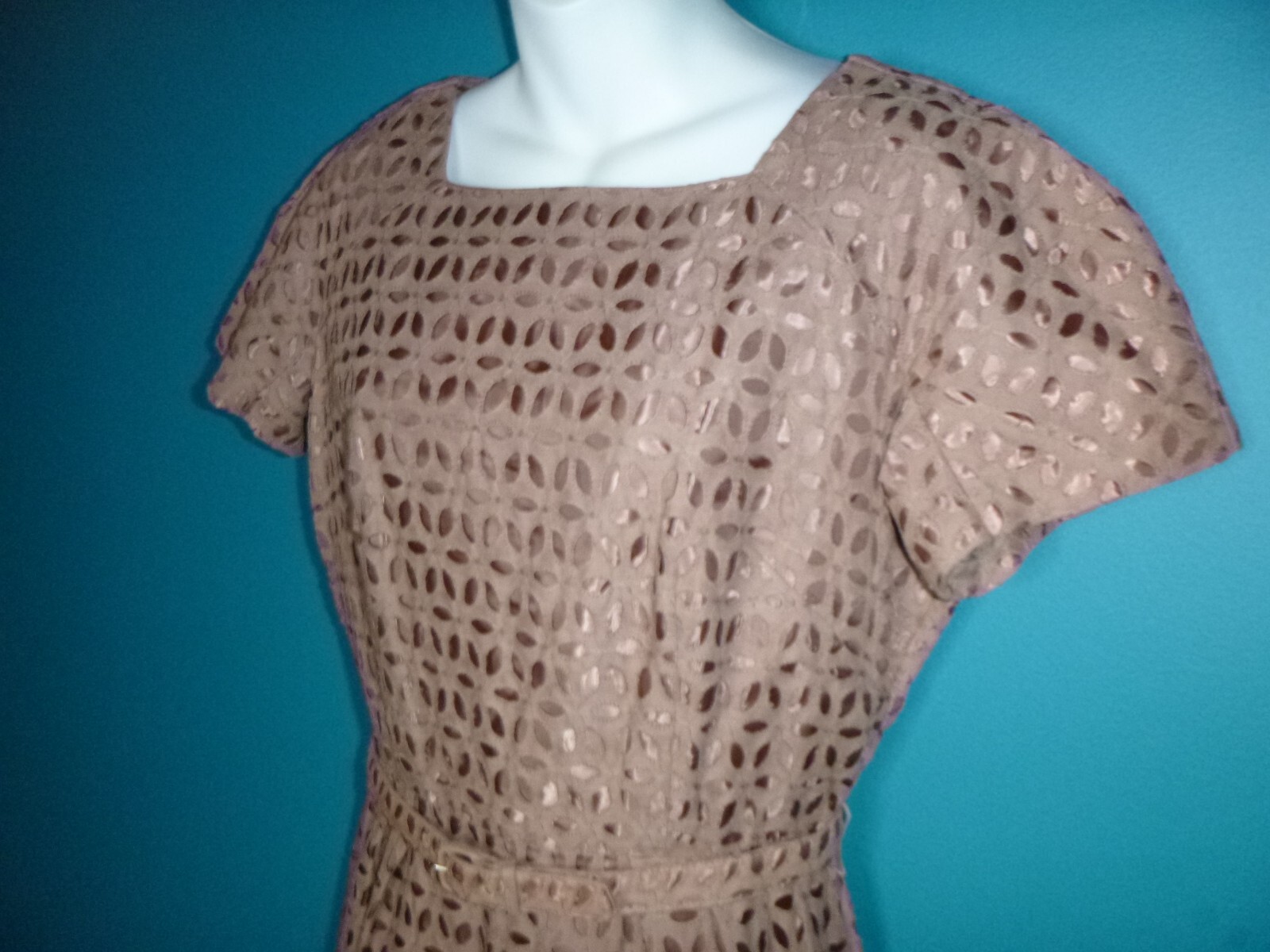Vtg 50s Ann Allyn Cocoa Brown 2 Layer Sheath Dress W Belt Eyelet over Satin M/L